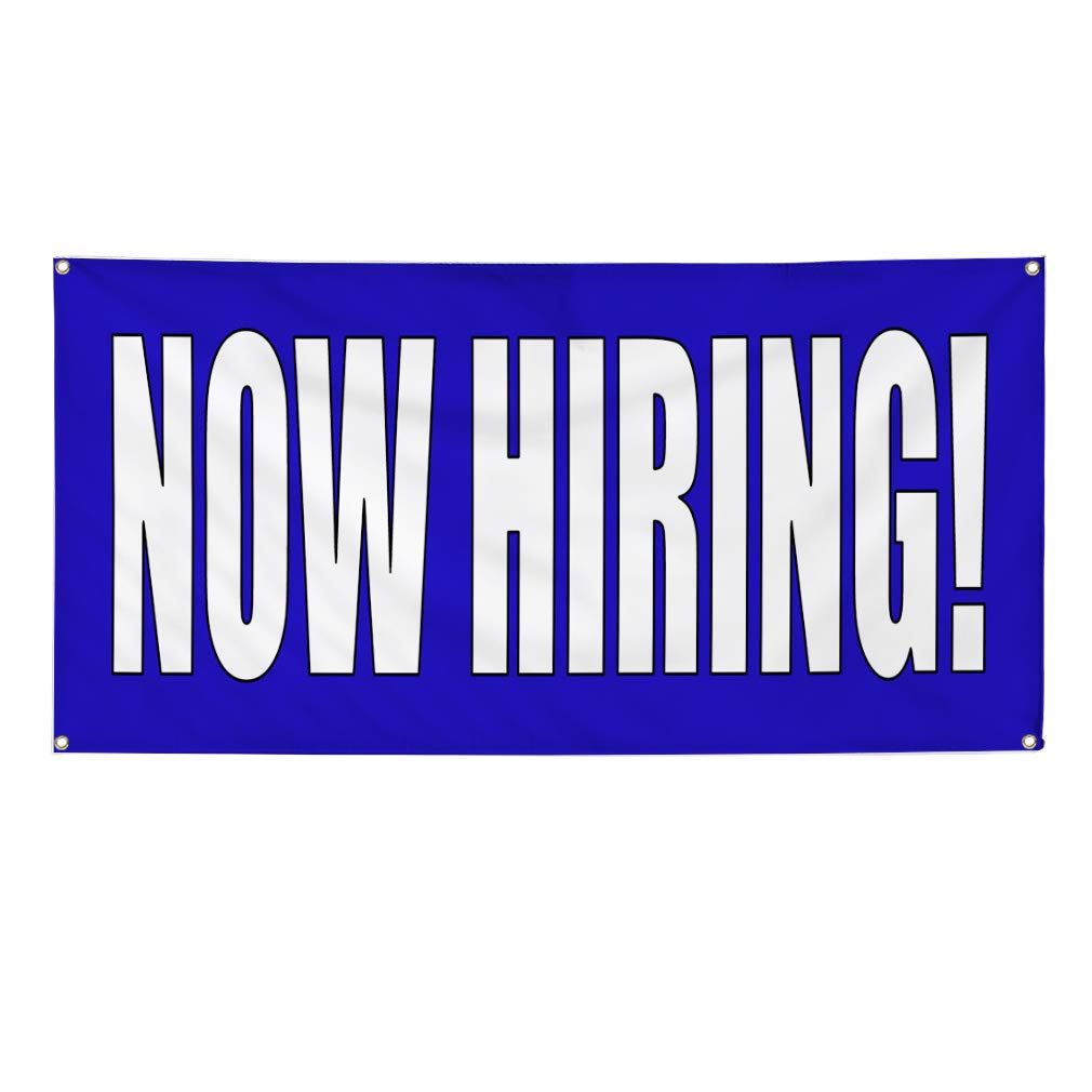 Now Hiring Vinyl Banner - 48x96 Inches Weatherproof Outdoor Business Sign with 8 Grommets (Blue & White) - Durable Yard & Industrial Use for Job Fairs, Construction Sites & Storefronts