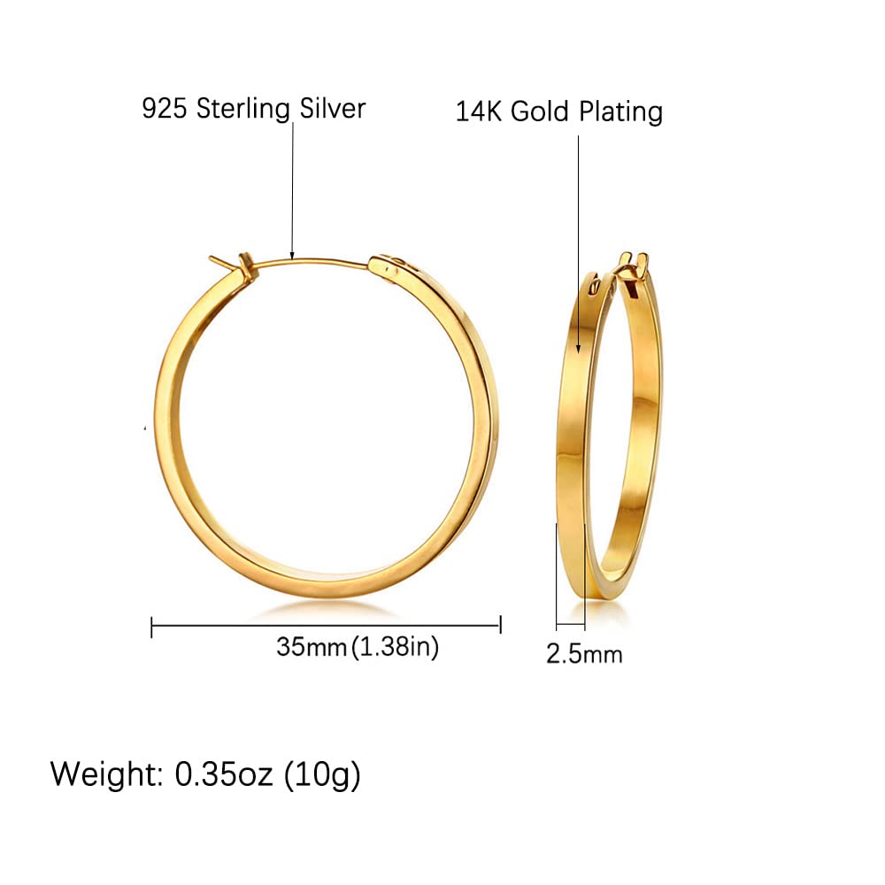 14K Gold Plated 925 Sterling Silver Hoop Earrings for Women - Lightweight Dainty 35mm Hoops - Perfect for Everyday Wear, Office & Special Occasions