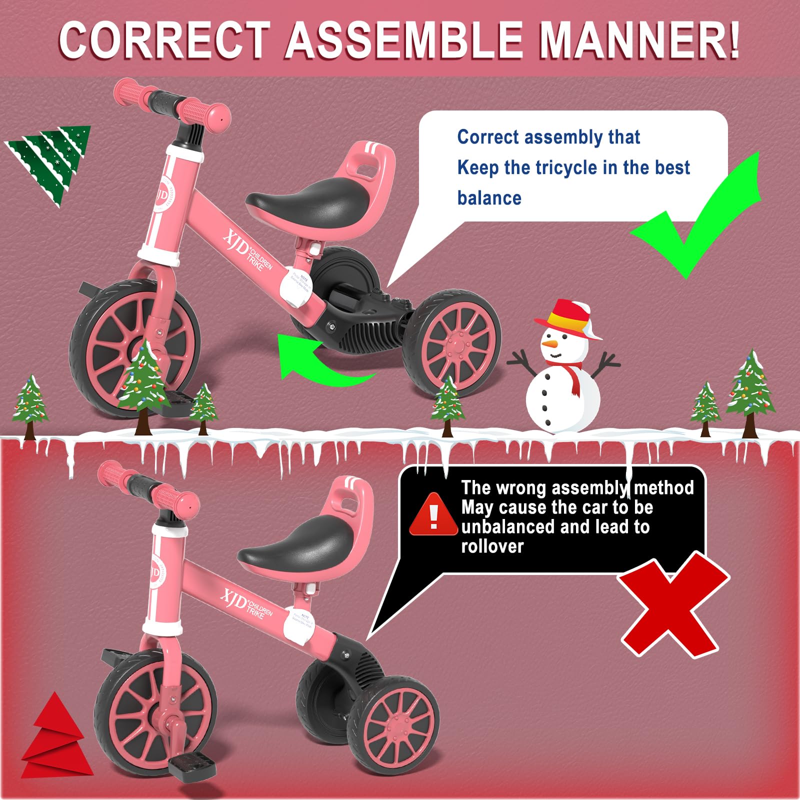 XJD 3-in-1 Convertible Kids Tricycle for Toddlers 24 Months to 4 Years Old - Adjustable Seat, Removable Pedals & 3 Wheel Design - Pink Baby Balance Bike for Boys & Girls - Perfect for Outdoor Play, Learning to Ride & Park Adventures