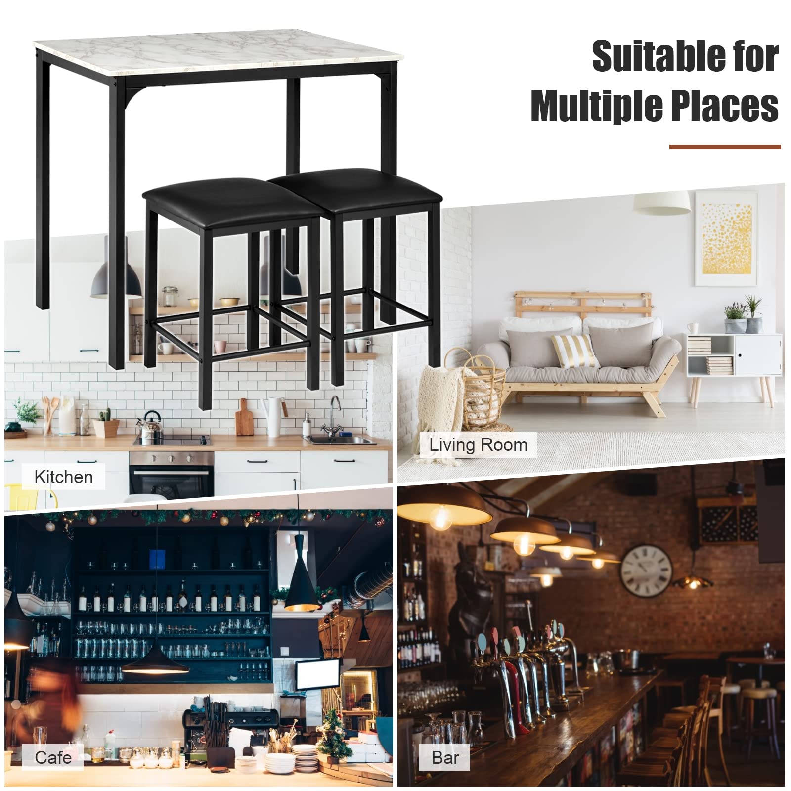 LDAILY Moccha 3-Piece Modern Dining Table Set with Metal Legs - Kitchen Breakfast Table & Chairs for Small Spaces, Pub Style Counter Height Set in Black & White - Perfect for Kitchen, Dining Room, Breakfast Nook & Small Apartments