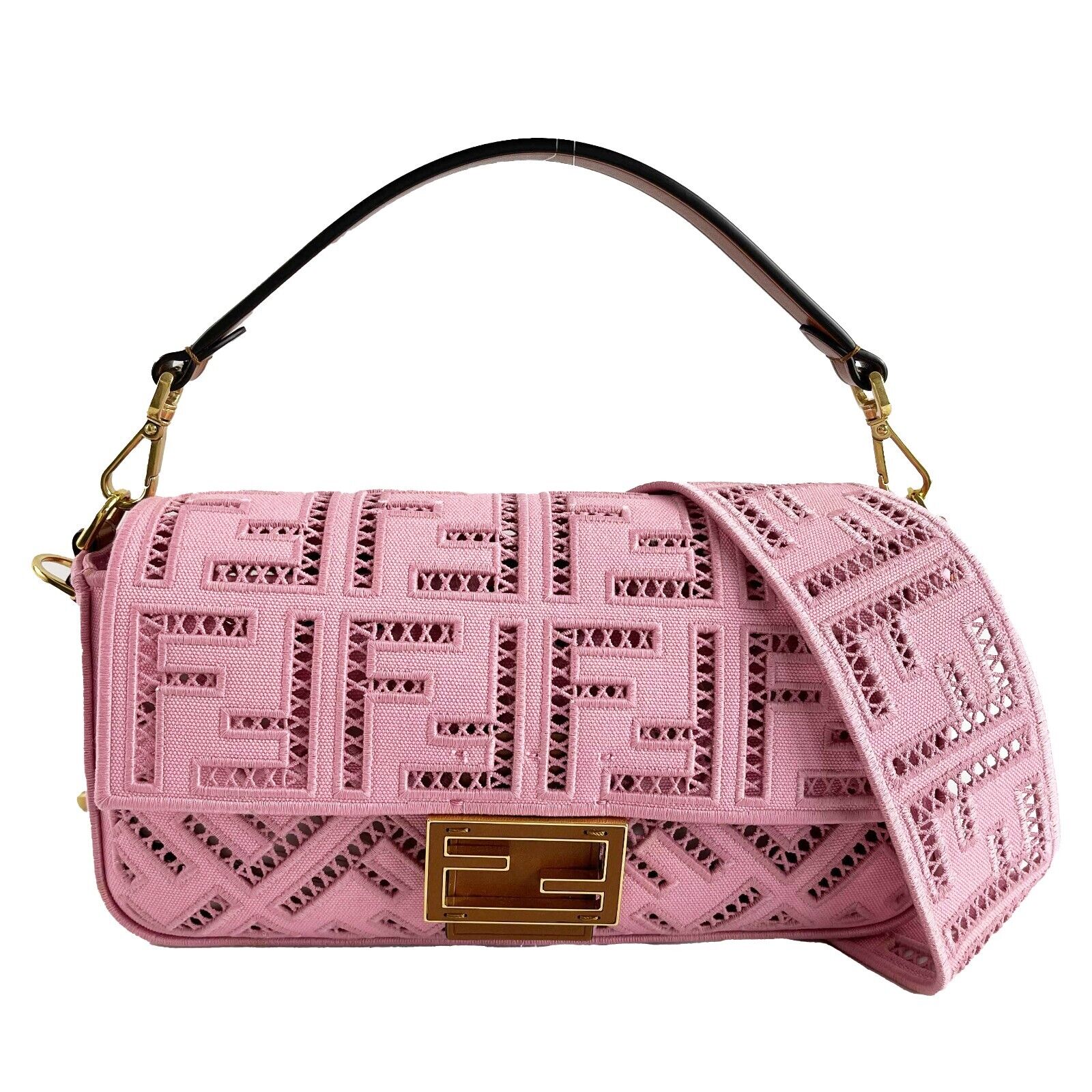 Fendi Baguette NM Openwork Pink Medium Embroidered Canvas Shoulder Bag - Elegant Designer Handbag for Women, Perfect for Parties, Dates & Daily Use