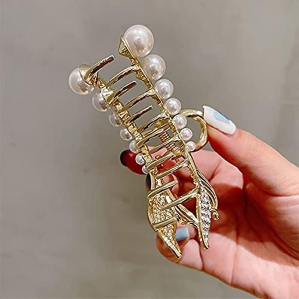 Korean Fashion Large Pearl Hair Claw Clips for Women - 2 Pack White Hair Barrettes, Jaw Clips & Hair Clutches for Long Hair | Perfect for Weddings, Parties & Everyday Styling