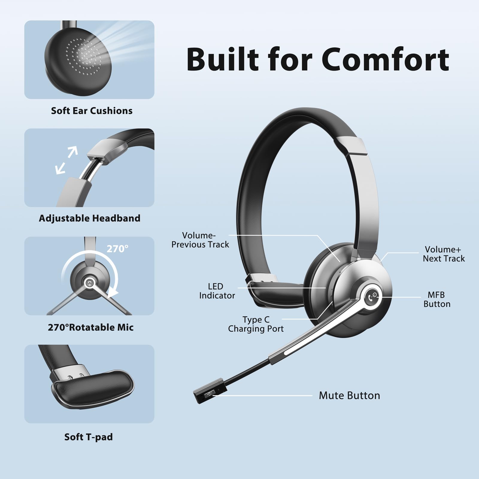 Wireless Bluetooth Headset with Noise Canceling Microphone & USB Dongle - Comfortable Office Headphones with Charging Base & Mute Button for Call Center, Truck Drivers, Remote Work & Business Meetings