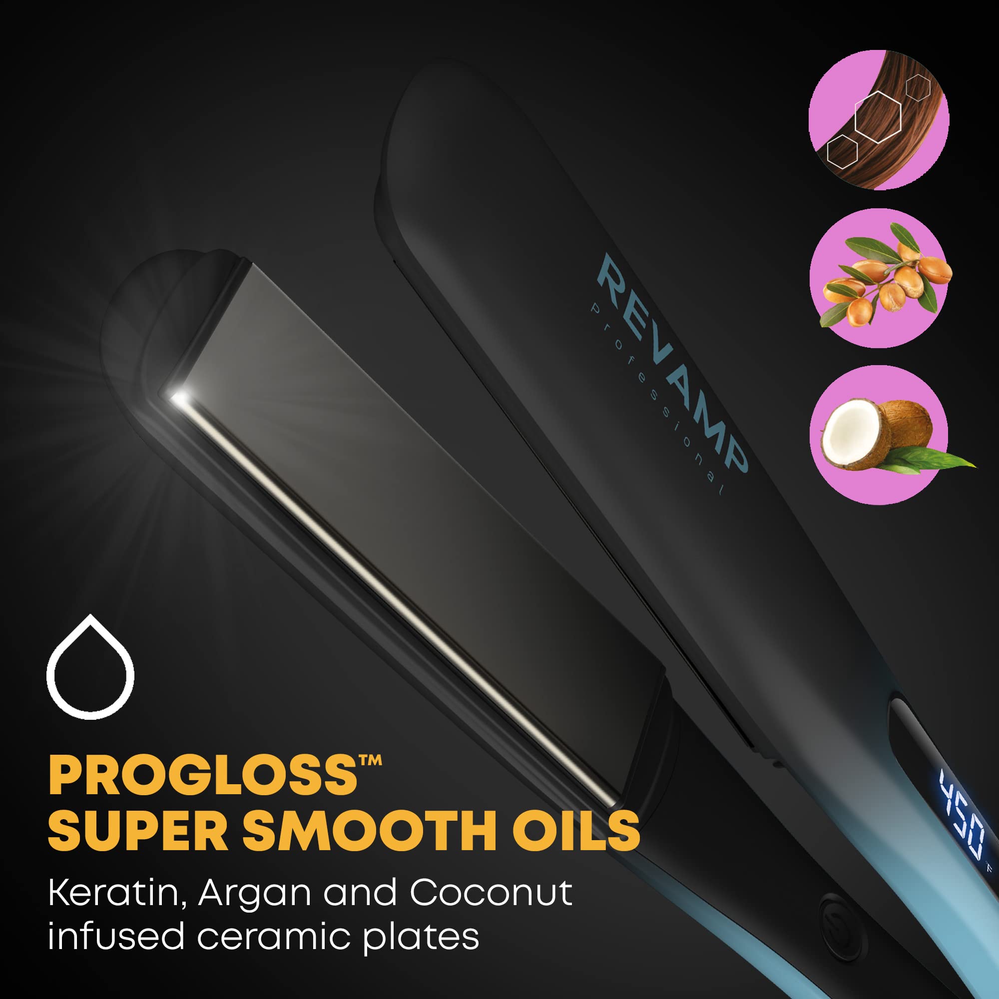 Revamp Progloss Wide Ultra X Shine 1.5-Inch Ceramic Flat Iron Hair Straightener with Keratin, Argan & Coconut Oil - Ionic Technology for Long, Thick & Curly Hair - Perfect for Salon-Quality Styling at Home, Travel & Professional Use