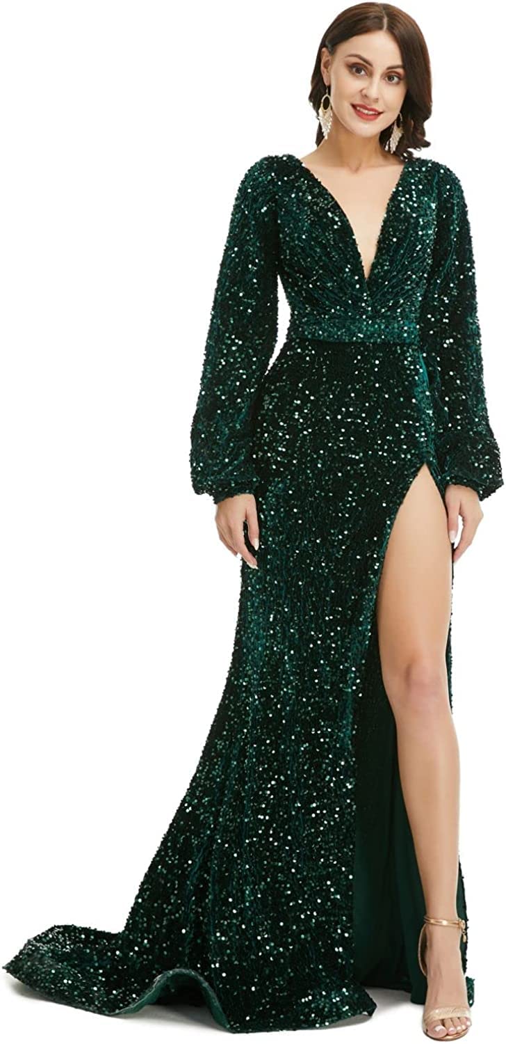 Sparkling Women's V-Neck Sequin Long Sleeve Prom Dress with High Slit - Elegant Mermaid Cocktail Gown for Wedding, Evening Party, Prom Night & Special Occasions