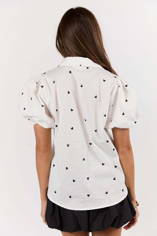 I Do Love You Ivory and Black Heart Print Short Sleeve Button Down Blouse for Women - Romantic Date Night & Casual Office Wear - FINAL SALE