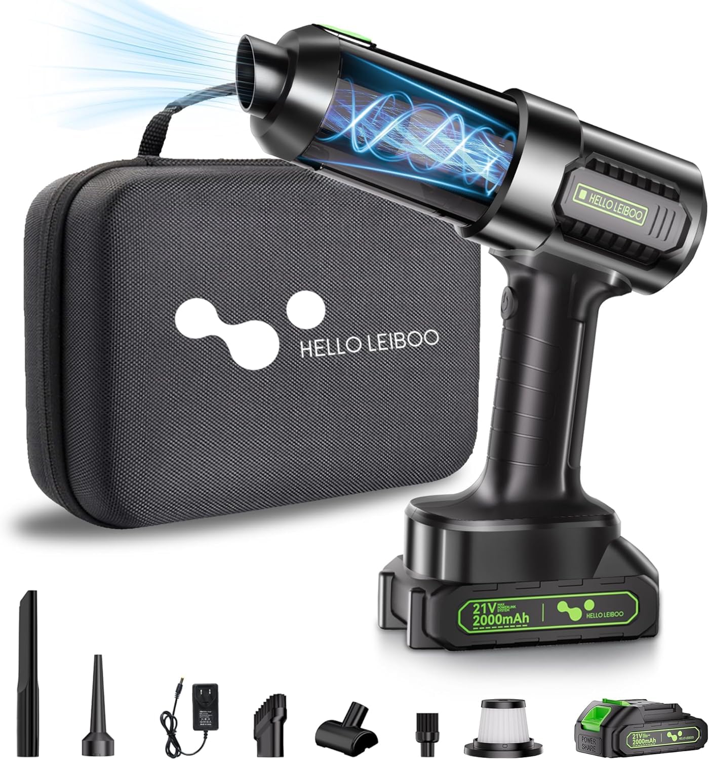 helloleiboo 4-in-1 Cordless Handheld Vacuum Cleaner - 16000PA Powerful 21V Rechargeable Car Vacuum with Removable Battery & Multi-Nozzles for Home, Office, Pet Hair Cleaning (Green) - Perfect for Cars, Sofas, Stairs & Pet Areas