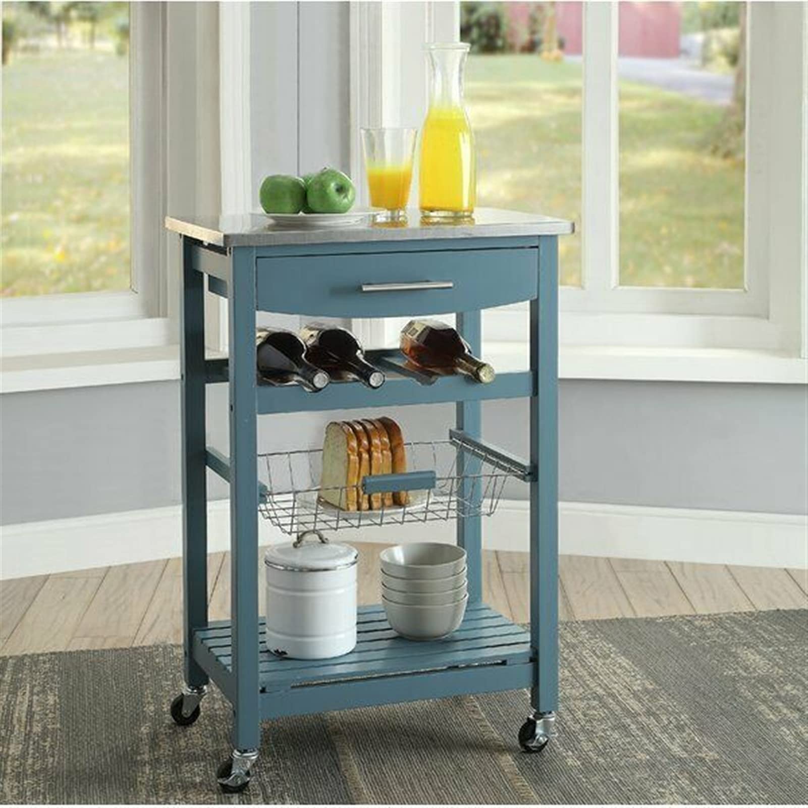 ADHW Kitchen Island Cart with Stainless Steel Top & Wine Rack - Blue Wooden Rolling Storage Table for Small Spaces, Kitchen Organization & Entertaining