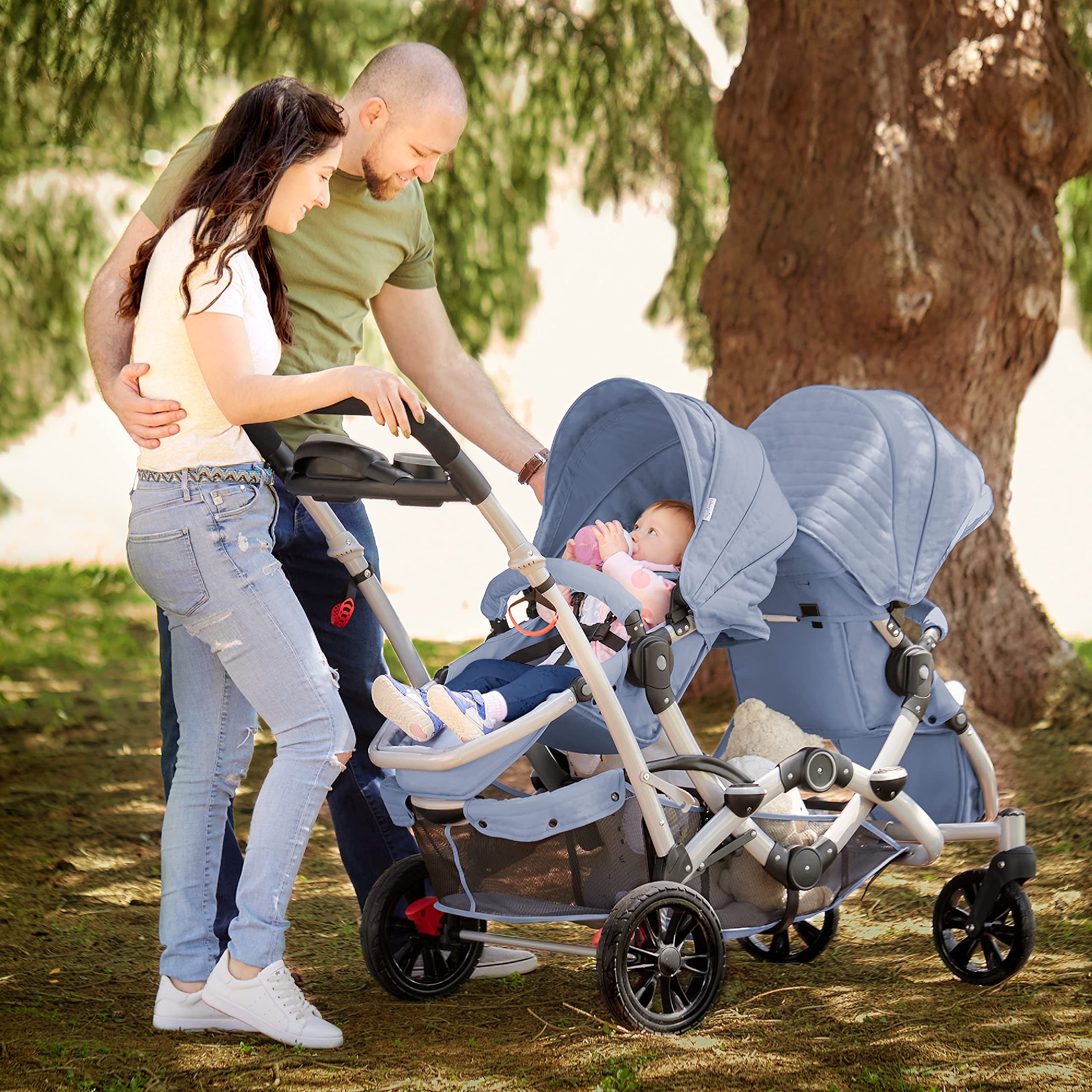 Lightweight Sky Grey Double Stroller for Infant and Toddler - Reversible & Reclining Seats, Large Canopy & Storage Basket - Perfect for Twins, Siblings or Daycare - Ideal for Shopping, Travel and Outdoor Activities