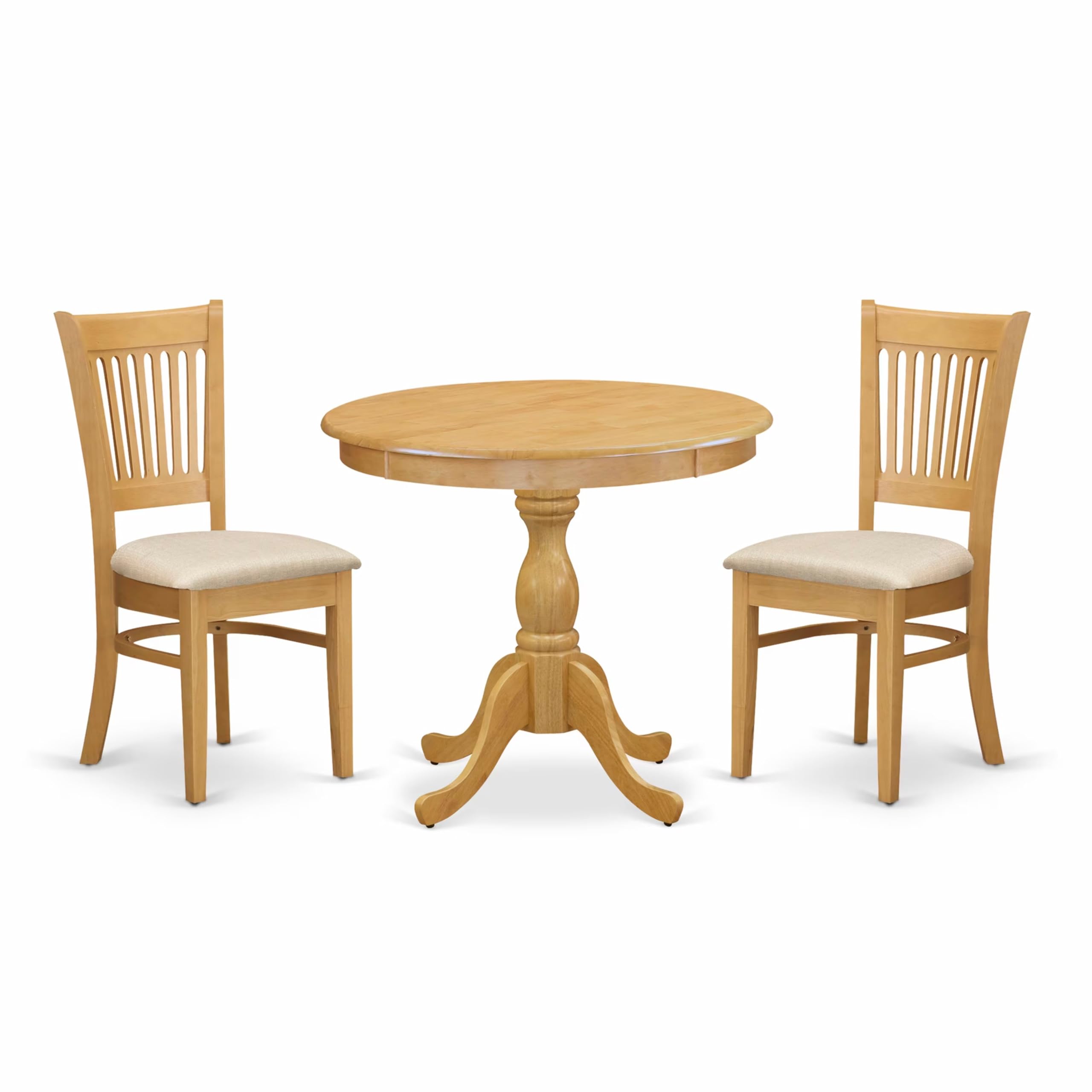 East West Furniture AMVA3-OAK-C 3 Piece Round Dining Table Set with Pedestal Base & 2 Linen Upholstered Chairs, 36x36 Inch, Oak Finish - Perfect for Small Kitchen, Breakfast Nook or Apartment Dining Area