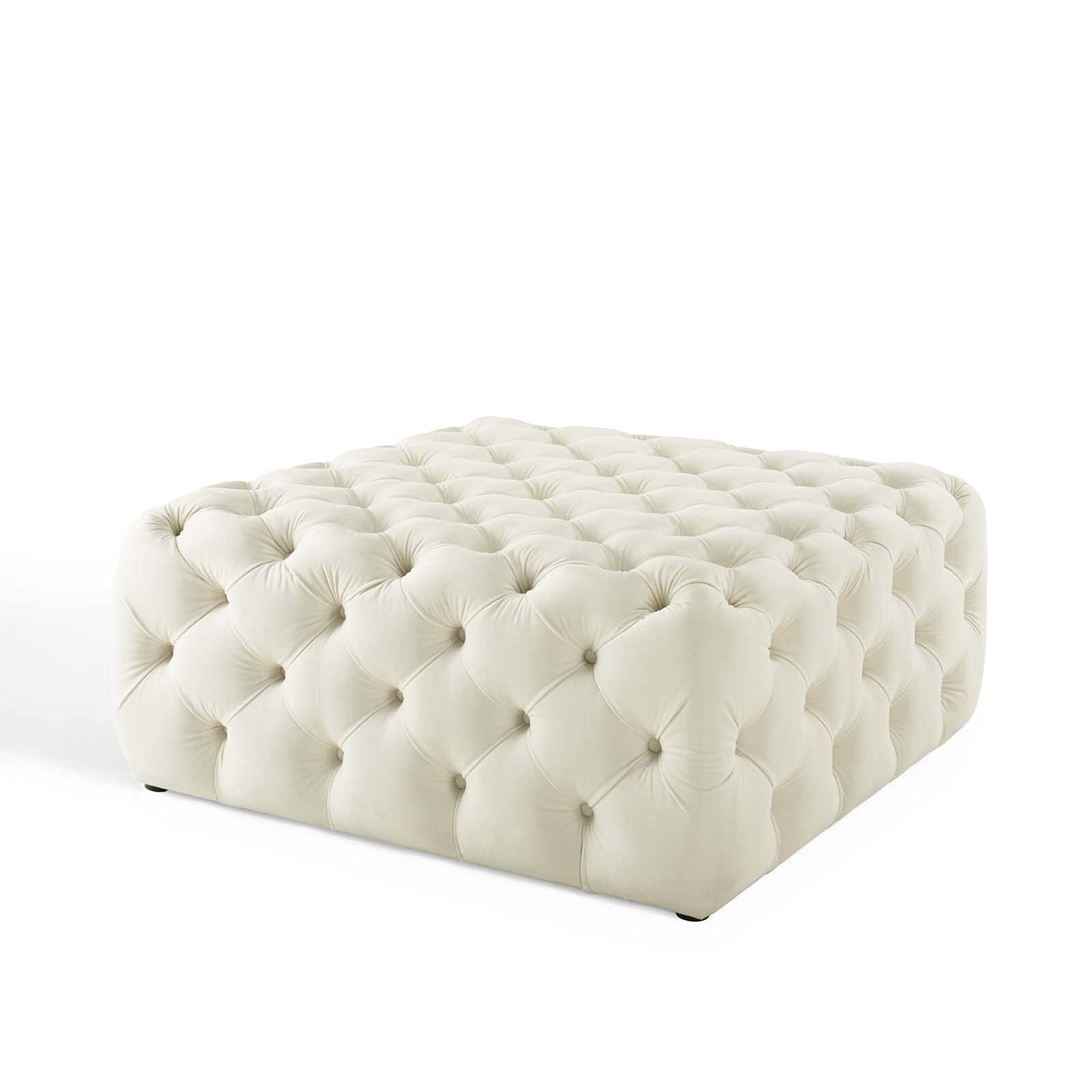 Luxury Tufted Velvet Accent Chair with Ottoman - Square Modern Contemporary Lounge Chair in Ivory White for Living Room, Bedroom & Hospitality Settings
