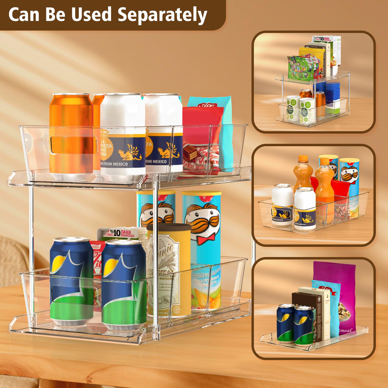 2-Tier Clear Pull-Out Bathroom Organizer with Dividers - Multipurpose Vanity Counter Tray for Kitchen, Closet & Cabinet Storage - Space Saving Pantry & Bathroom Organization Solution for Home, Office & Dorm