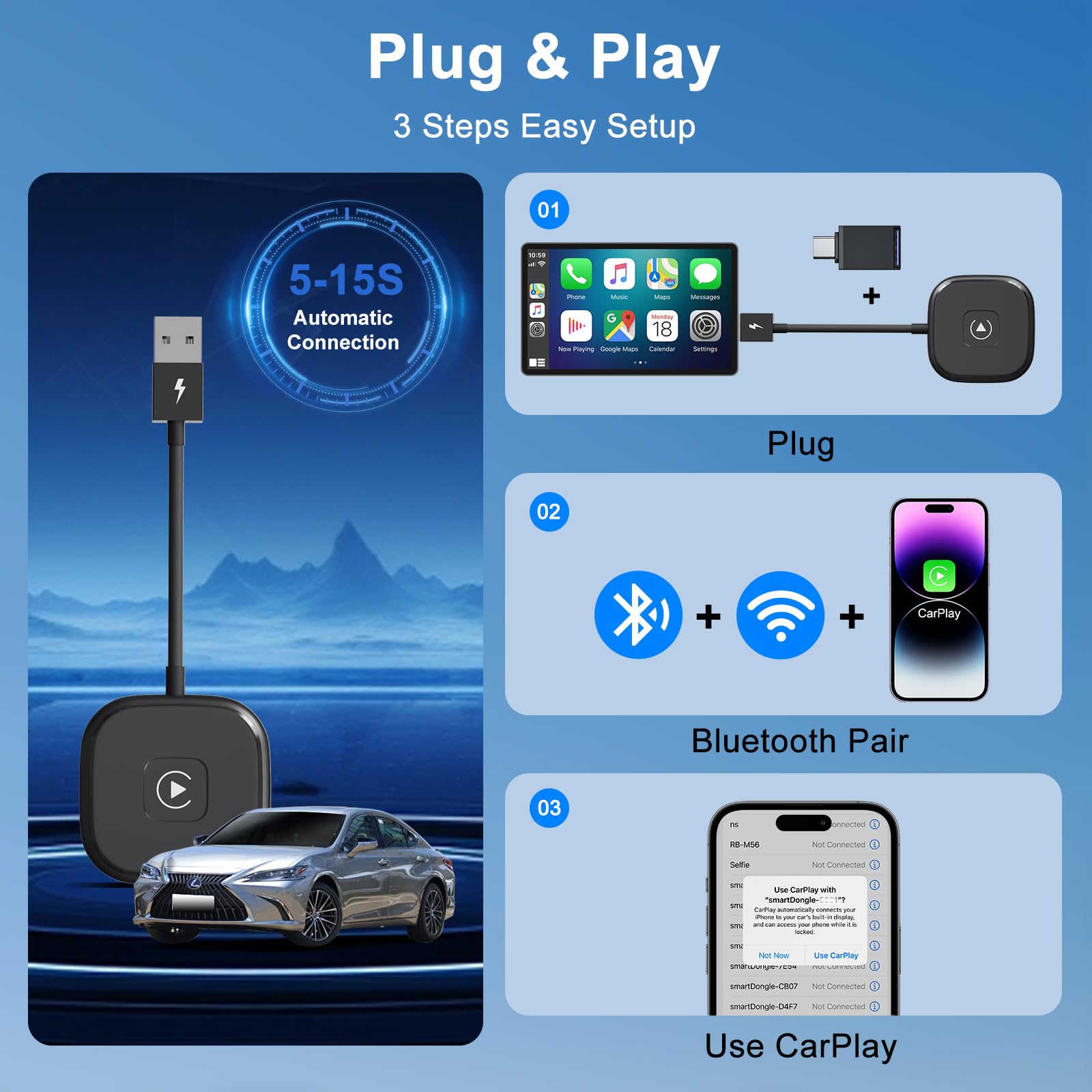 Wireless CarPlay Adapter for iPhone - Upgrade Wired to Wireless CarPlay Instantly, Plug & Play, Compatible with iOS - Perfect for Commuting, Road Trips & Hands-Free Driving