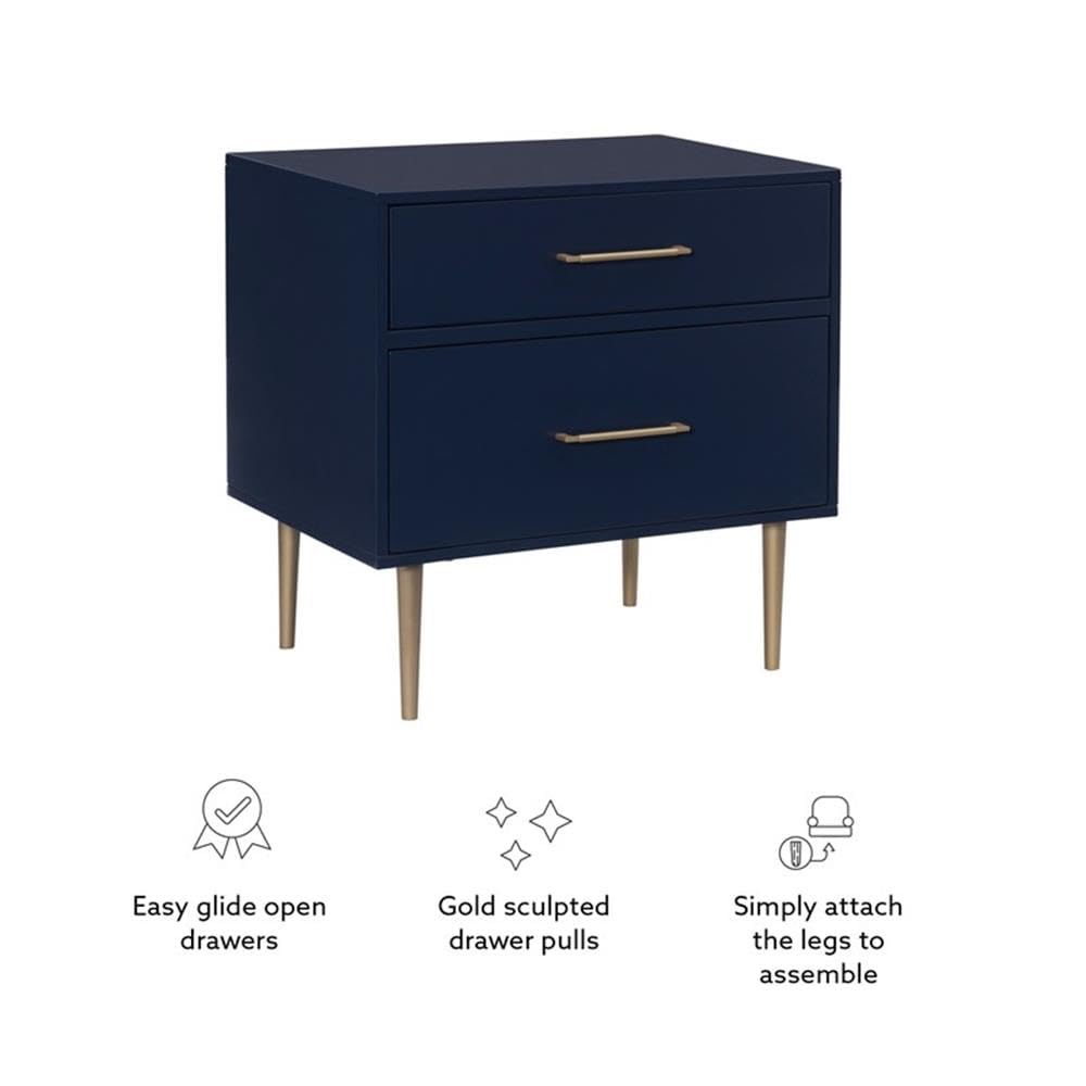 Linon Dylan Wood Nightstand with 2 Drawers, Gold Accents, Navy Blue - Modern Bedside Table for Bedroom, Guest Room & Nursery Storage