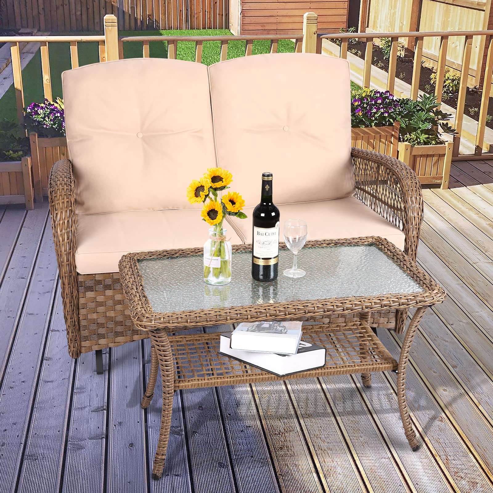 VIVIJASON 2-Piece Outdoor Wicker Loveseat Glider Set with Cushions - Patio Conversation Furniture for Porch, Garden & Poolside - Includes 2-Seater Glider Rocking Bench & Coffee Table - Light Brown - Perfect for Relaxing, Entertaining & Outdoor Lounging