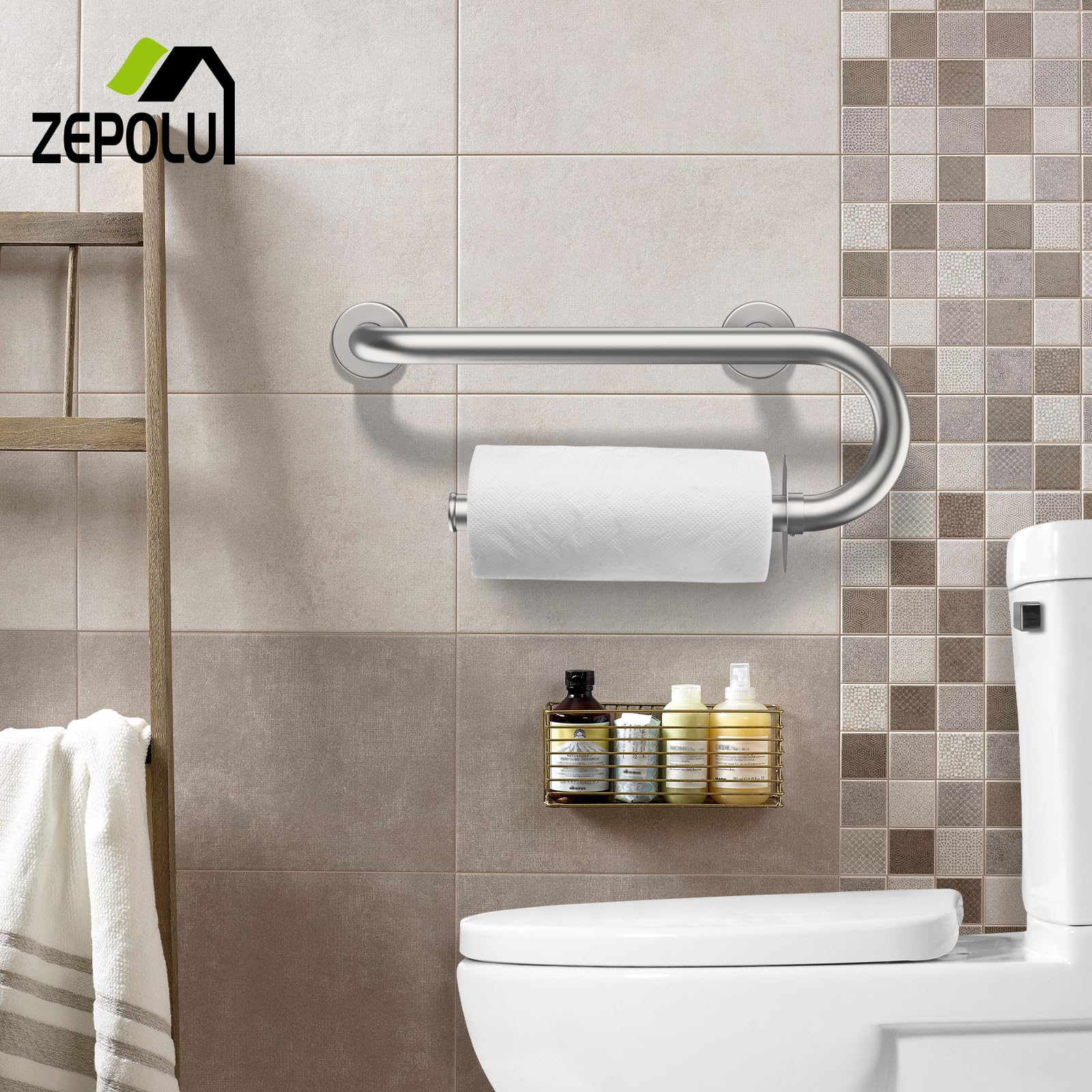16 Inch Stainless Steel Grab Bar Toilet Paper Holder - Brushed Nickel Bathroom Safety Support Bar for Seniors & Handicap Accessible - Ideal for Elderly Bathroom Safety & ADA Compliant Toilet Assistance