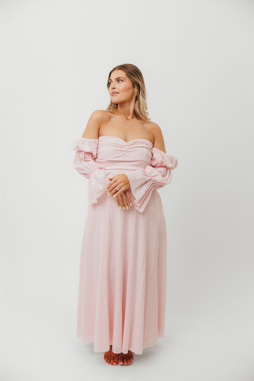 Corrine Tiered Sleeve Maxi Dress with Pockets - Baby Pink Maternity Dress | Bump Friendly & Comfortable for Pregnancy, Nursing, Special Occasions & Summer Weddings