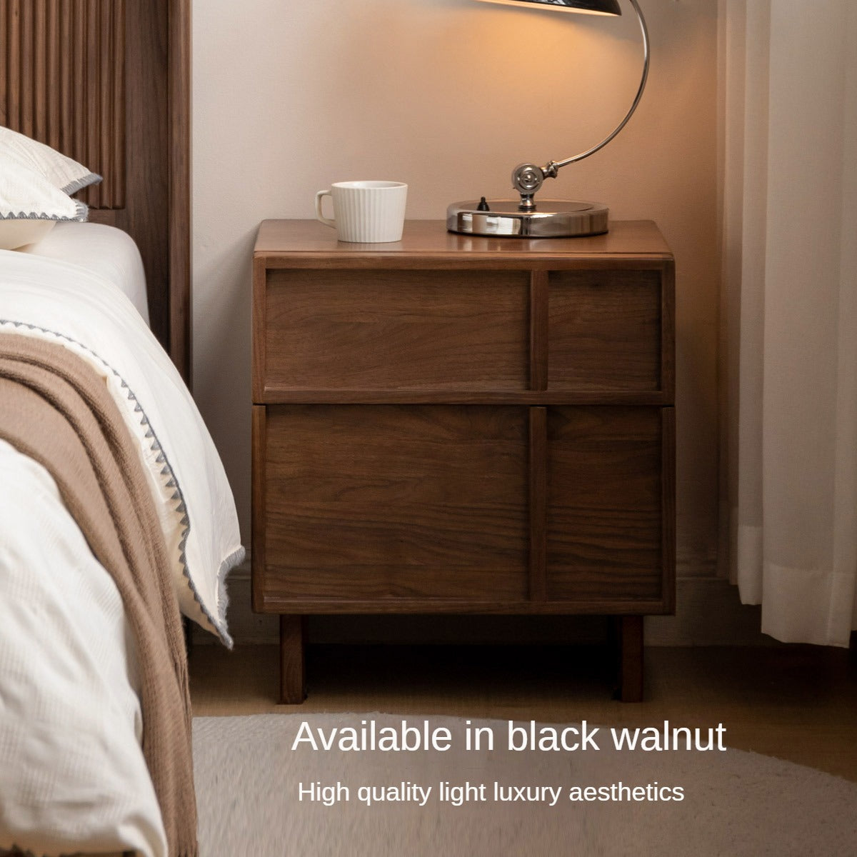 Modern Black Oak Solid Wood Nightstand with Storage - Stylish Bedside Table for Bedroom, Living Room, or Office