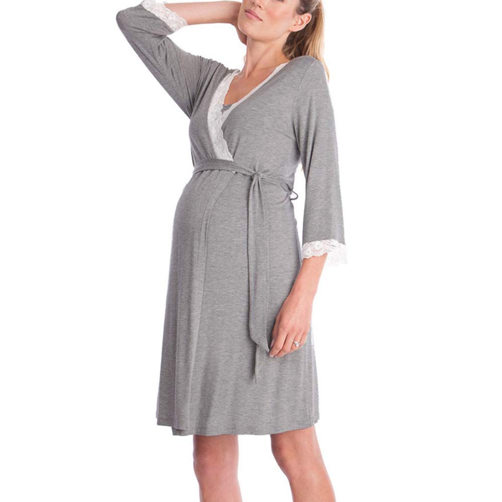 Bysion Women's Maternity Nursing Nightgown Set - 2 Pcs Lace V-Neck Breastfeeding Sleepwear & Pajama Dress for Pregnancy, Home, Hospital - Comfortable Nursing Nightwear for New Moms