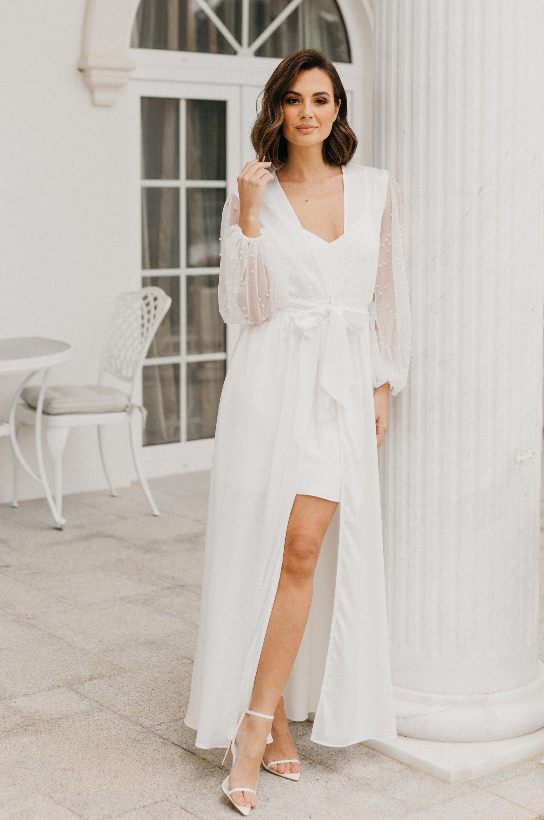 Sophia Hand Beaded Pearl Sleeve Maxi Robe with Slip - Elegant Formal Evening Gown for Weddings, Galas & Special Occasions