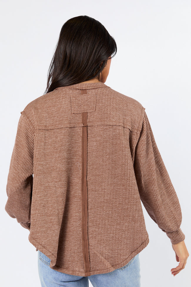 Never Say Never Mocha Ribbed Knit V-Neck Long Sleeve Top for Women | Cozy Fall & Winter Layering Essential | Perfect for Casual Outfits, Office Wear & Date Nights