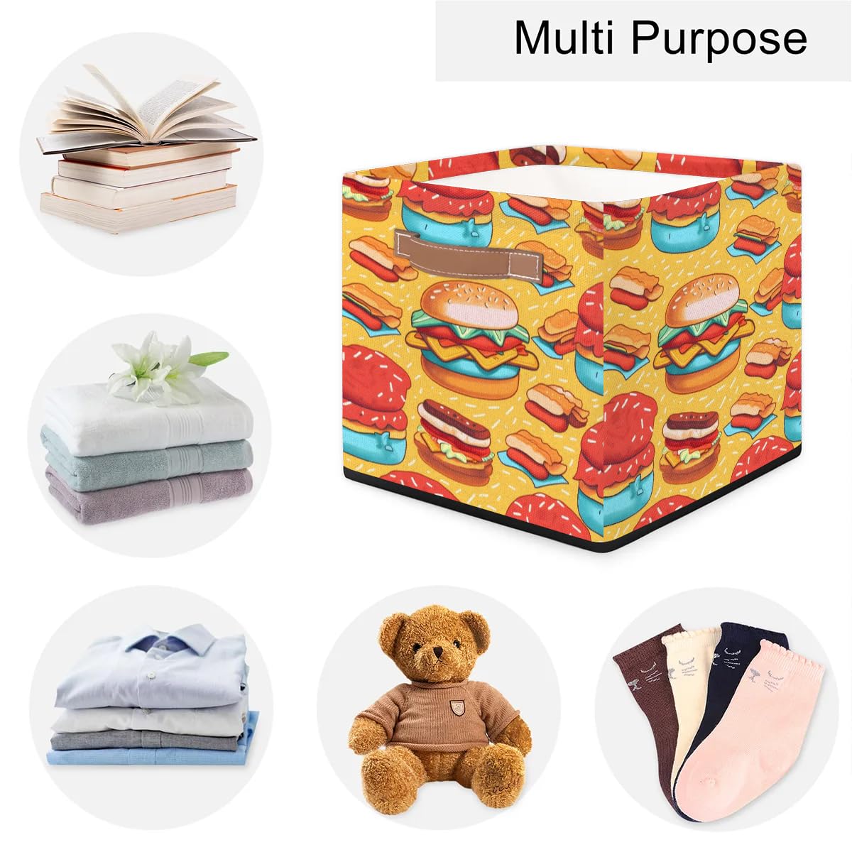13 Inch Collapsible Storage Basket with Leather Handle - Foldable Organizer Bin for Closet, Pantry & Kitchen - Perfect for Food Storage, Home Decor & Hamburger Organizing (Ideal for Small Spaces & Home Organization)