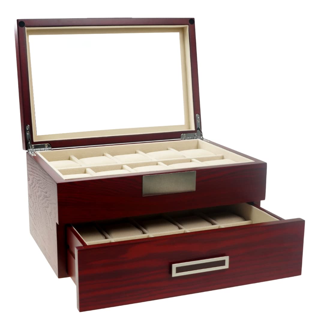 Cherry Oak Wood 20 Slot Watch Display Case & Jewelry Box Storage Organizer - Elegant Watch and Jewelry Organizer for Men & Women - Perfect for Home, Office, and Travel Accessory Storage