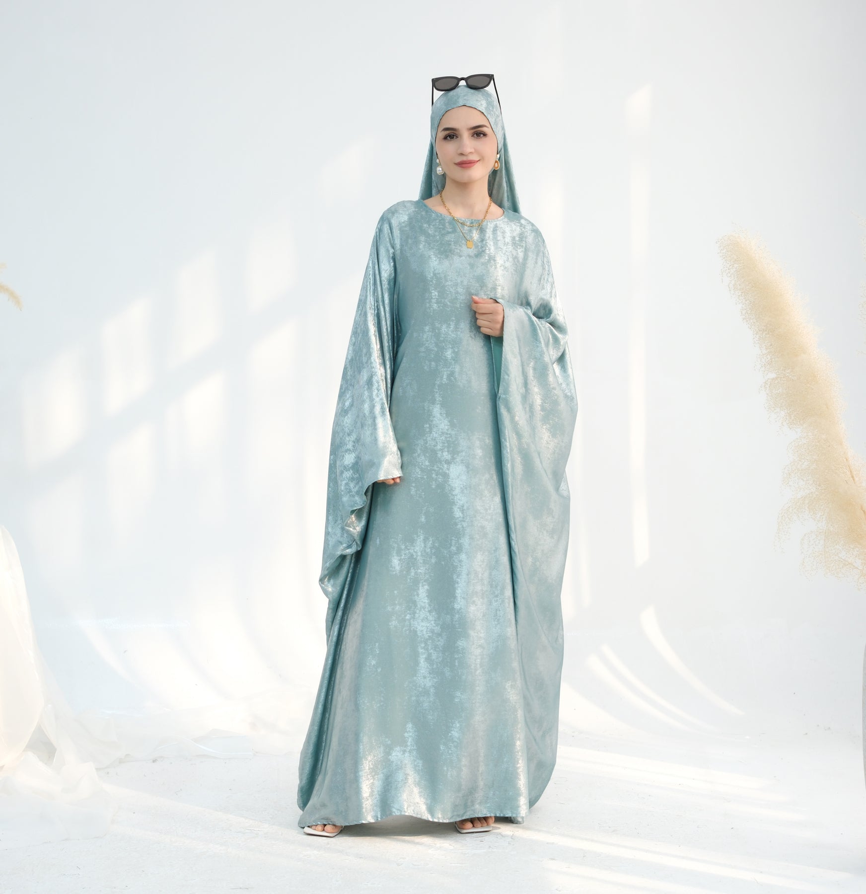 Linora Shimmer Butterfly Abaya - Elegant Mint Green Islamic Dress for Women | Perfect for Eid, Prayer & Special Occasions