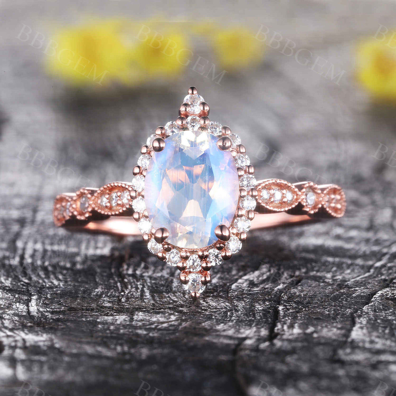Vintage Rose Gold Moonstone Engagement Ring with Floral Halo Diamond - Elegant Bridal Promise Ring for Wedding, Proposal & Anniversary Gifts