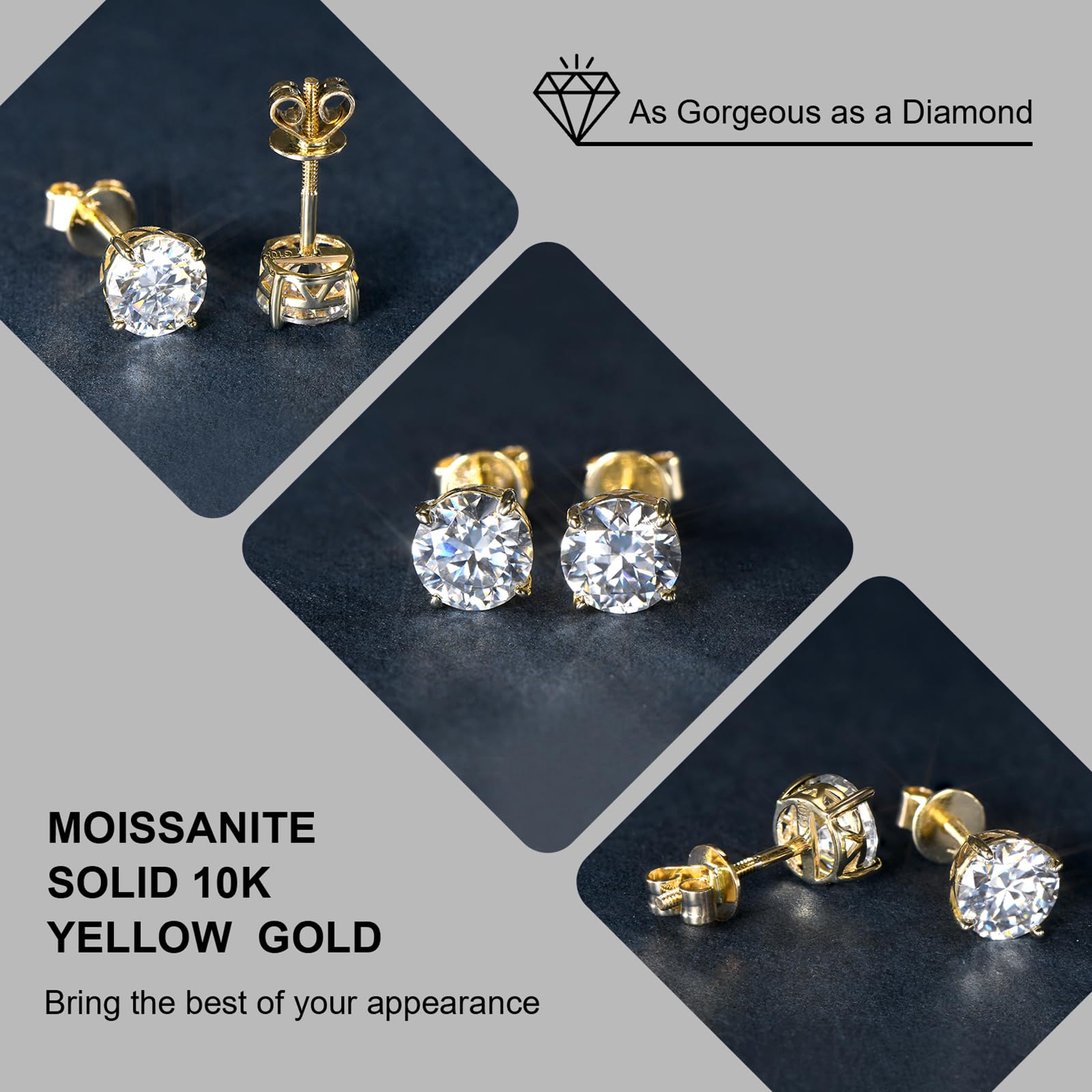 Lab-Created Moissanite Stud Earrings 1.60cttw 6mm Round Cut in 10K Real Yellow Gold, Screw Back Secure Solitaire Studs for Men & Women - Perfect for Everyday Wear, Anniversary Gifts & Special Occasions
