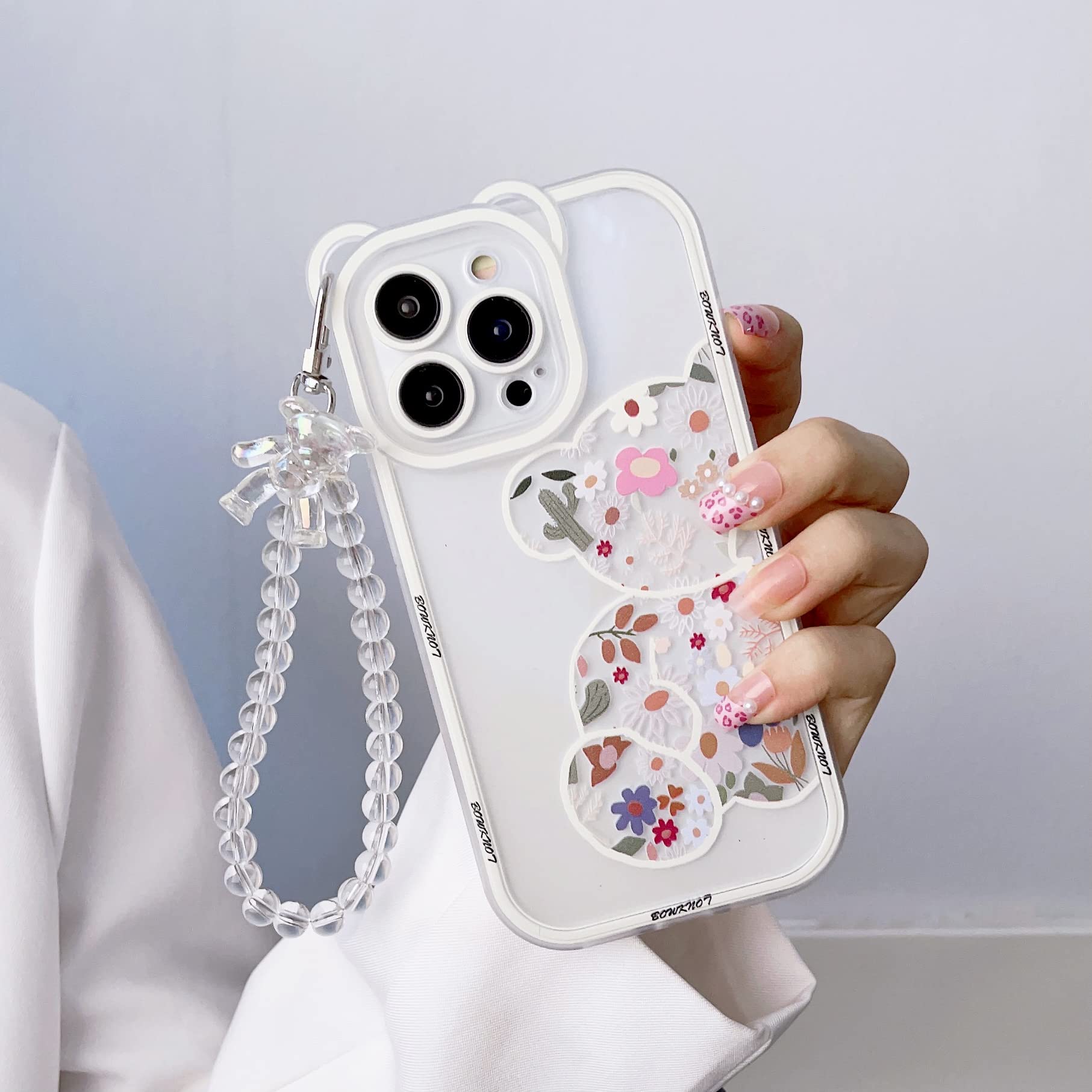 Shinymore Cute Floral Bear Clear Case for iPhone 12 Pro - Camera Protector with Adjustable Strap Bracelet | Trendy Protective Cover for Women & Girls | Perfect for Everyday Use, Travel & Photo Shoots