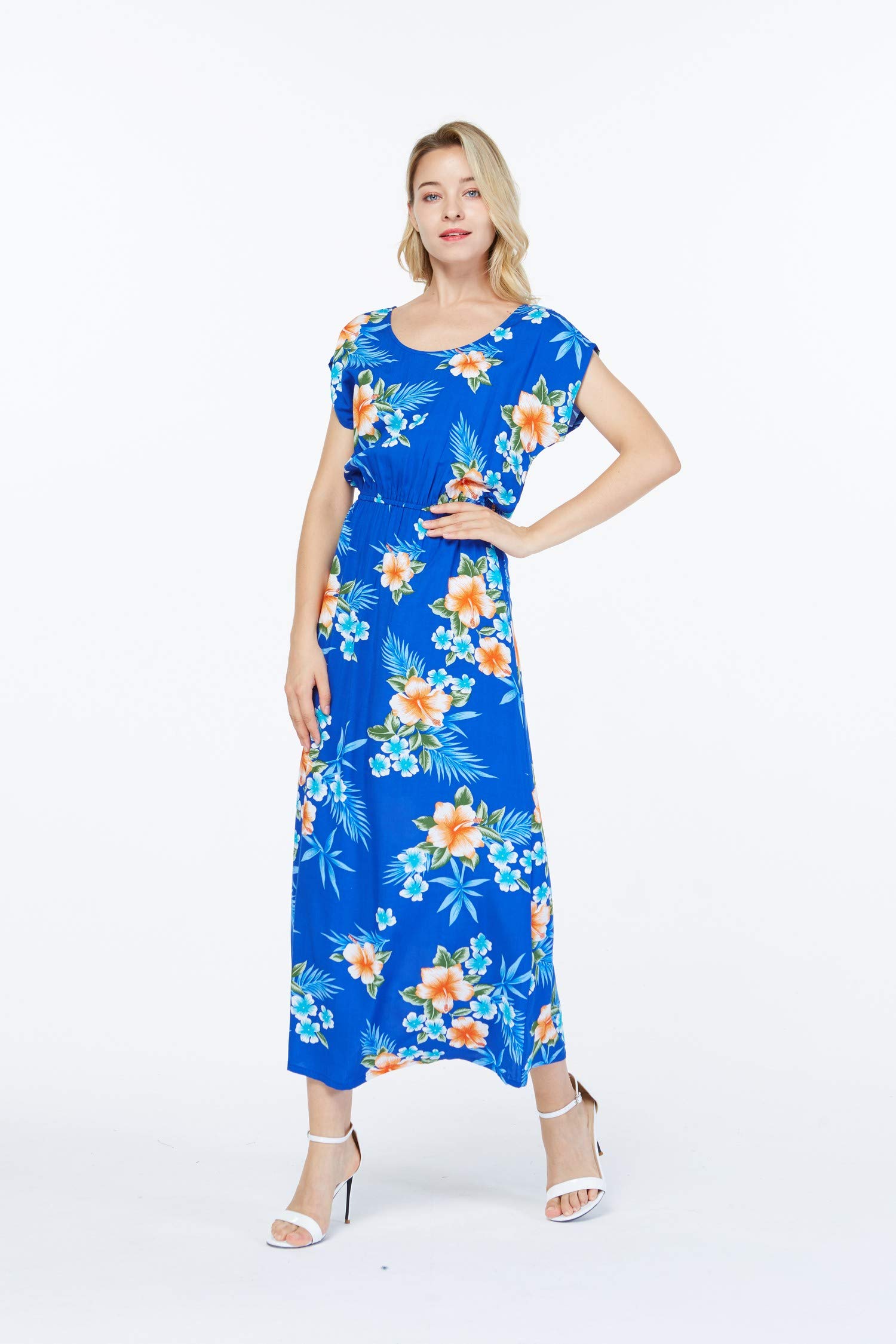 Hawaiian Floral Print Women's Maxi Dress - Cap Sleeve Luau Party Dress for Beach Vacation, Summer Outfits & Tropical Themed Events