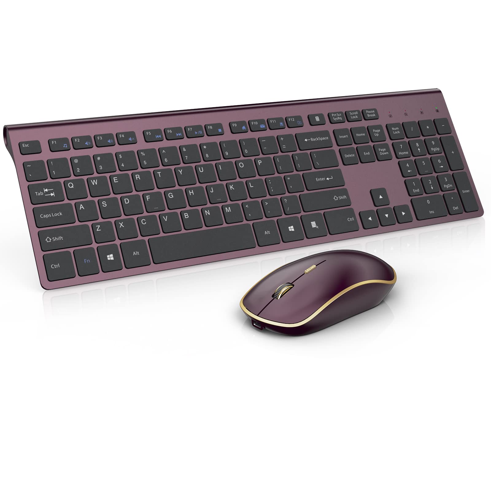 Rechargeable Wireless Keyboard and Mouse Combo - Full Size Ergonomic Slim Design for Laptop, PC, Desktop Computer (Windows Compatible) - Perfect for Office Work, Gaming & Home Use (Wine Red)