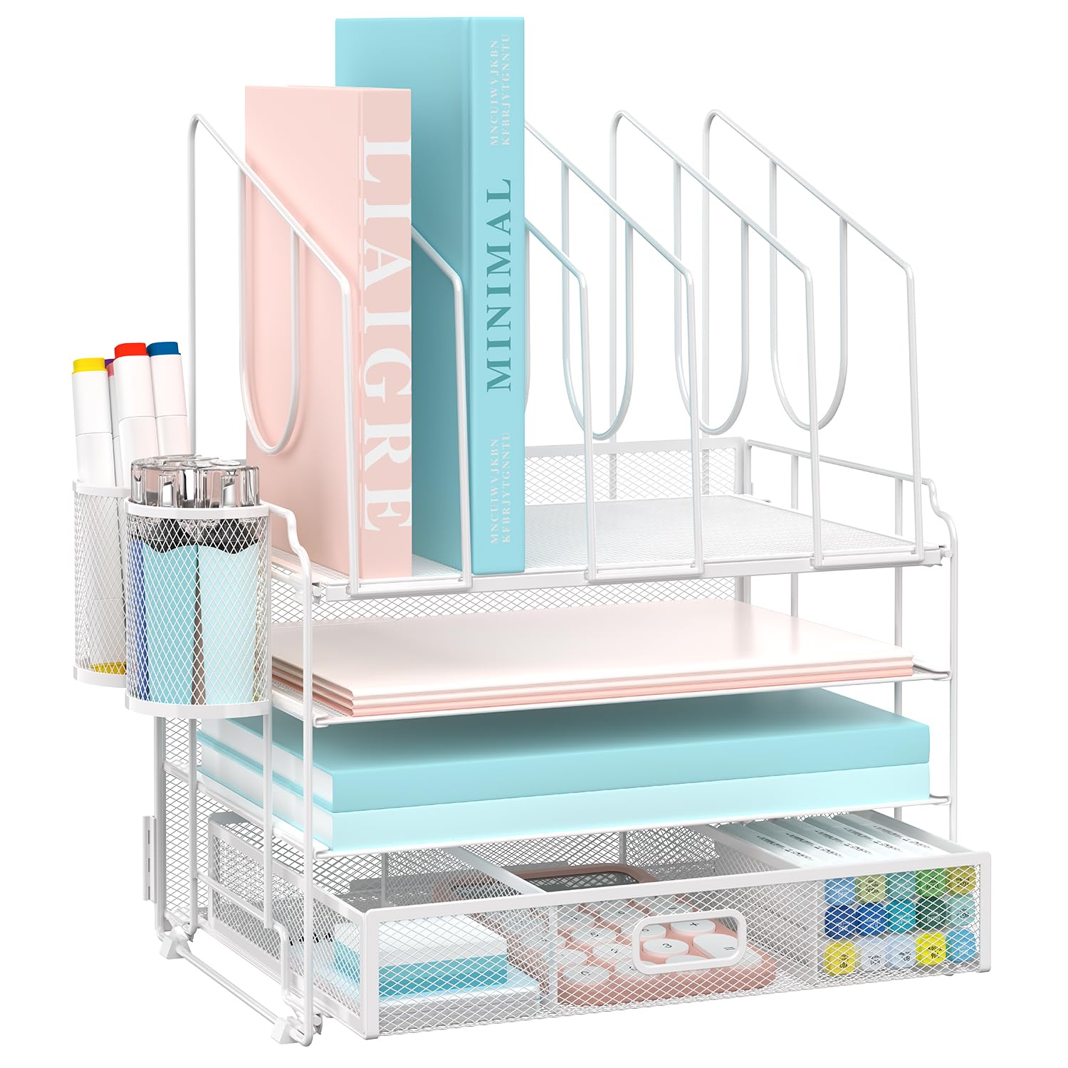 DALTACK 4-Tier Mesh Desk Organizer with Drawer - 5 Vertical File Holders & 2 Pen Holders - Multifunctional Office Desk Accessories for Paper, Files & Stationery - Perfect for Home Office, School & Workspace Organization (White)