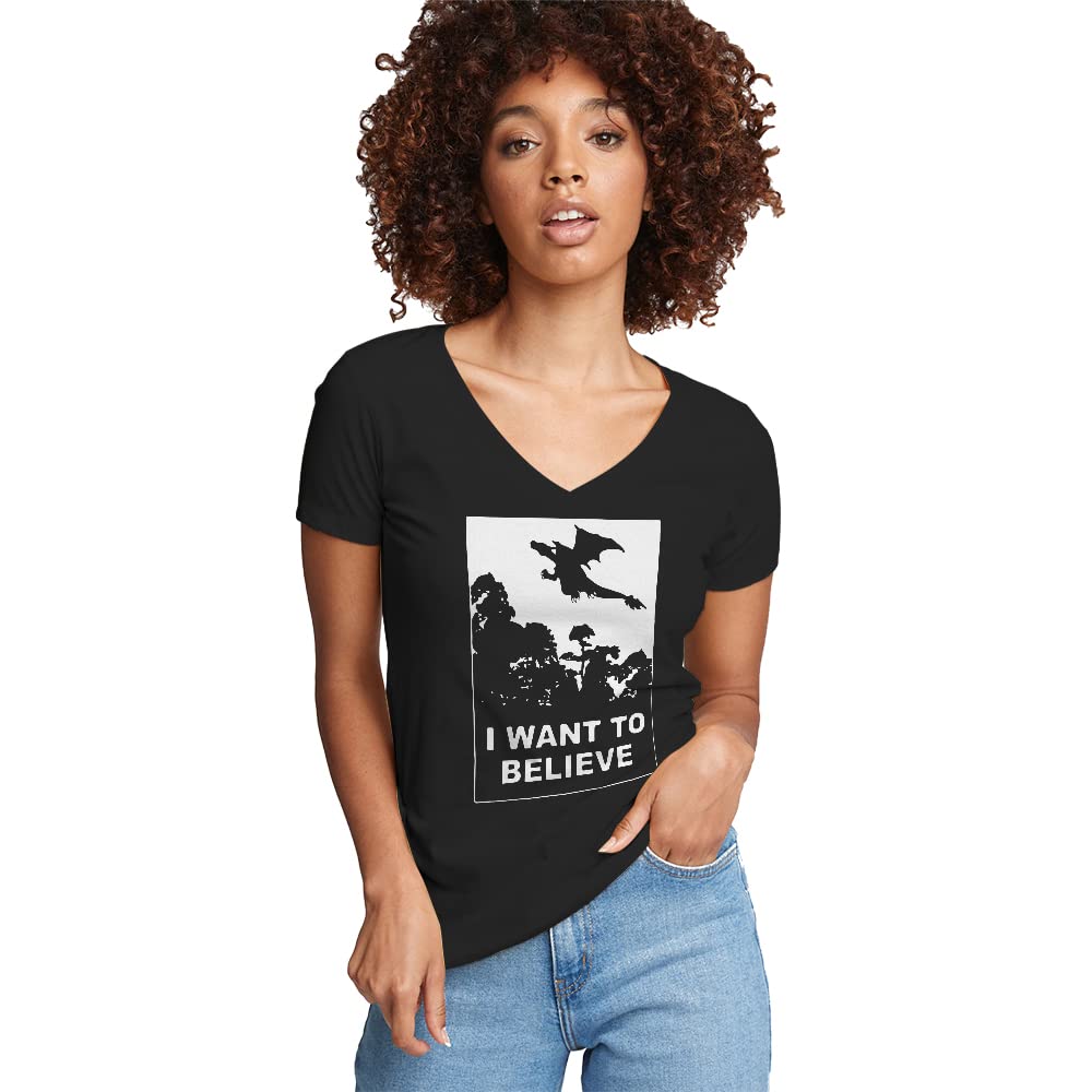 I Want to Believe Fire Dragon Women's V-Neck T-Shirt - Casual Graphic Tee for Streetwear & Anime Fans