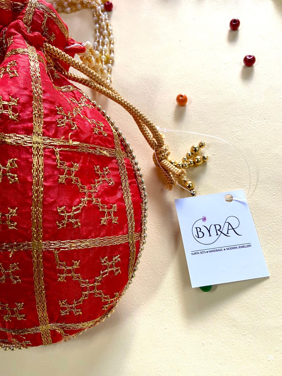 BYRA Women's Designer Embroidered Potli Bag with Pearl Handle - Elegant Clutch Purse for Parties, Weddings & Special Occasions