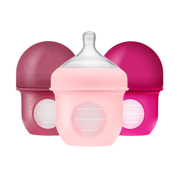 Boon Nursh Silicone Pouch Bottle 4oz (3 Pack) - Leak-Proof Baby Feeding Bottles for Travel, Breastmilk Storage & On-the-Go