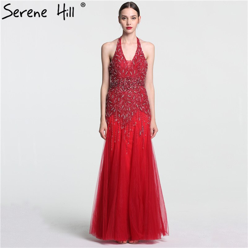 Elegant Grey Mermaid Evening Dress with Crystal Beads & Tassels - Sexy Halter Floor Length Gown for Women 2025 | Perfect for Arabic Parties, Prom Night & Formal Events - LA6151