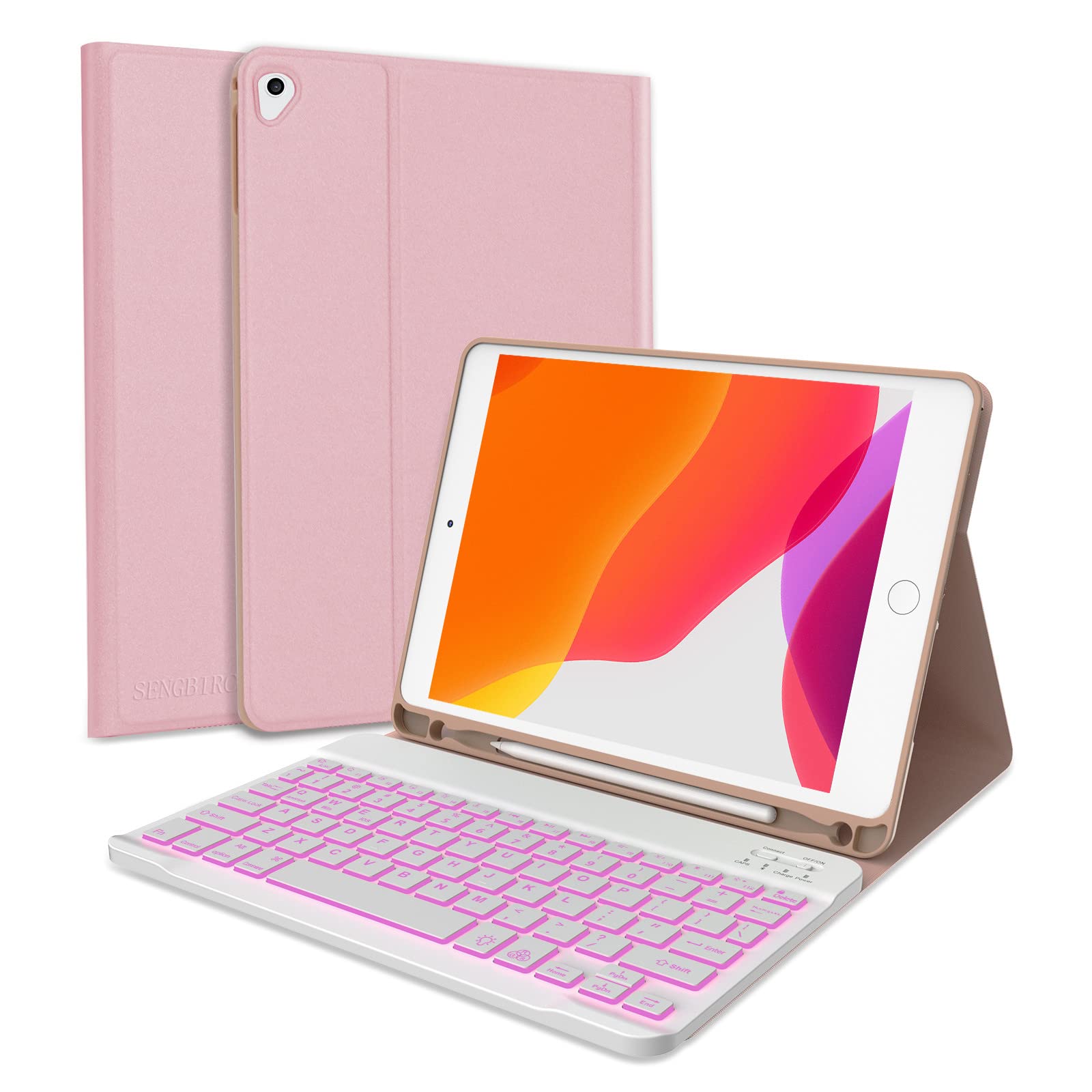 SENGBIRCH iPad Keyboard Case - Compatible with iPad 6th/5th Gen, iPad Air 2 & iPad Pro 9.7 | Backlit Bluetooth Keyboard with Auto Sleep/Wake | Pencil Holder | Cute Pink Protective Cover - Perfect for Work, School & Travel