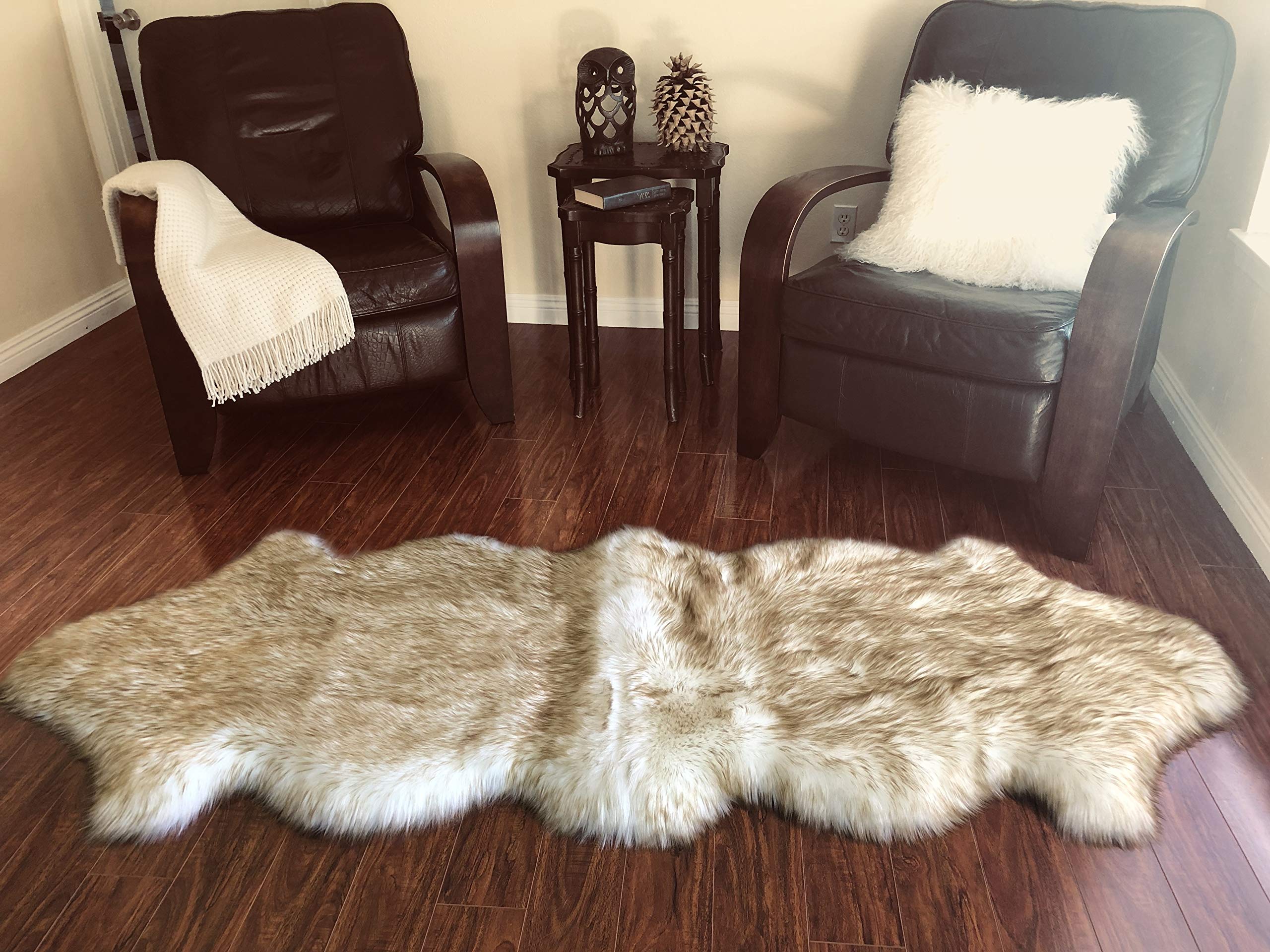Premium LAMBZY Genuine Sheepskin Rug - Ultra Soft Silky Area Rug with Thick Non-Slip Bottom | Washable & Stain Resistant | Perfect for Living Room, Bedroom, Nursery Decor | 2' x 6' (60x180 cm) White/Brown | Cozy Home Accent for Floor, Chair & Sofa