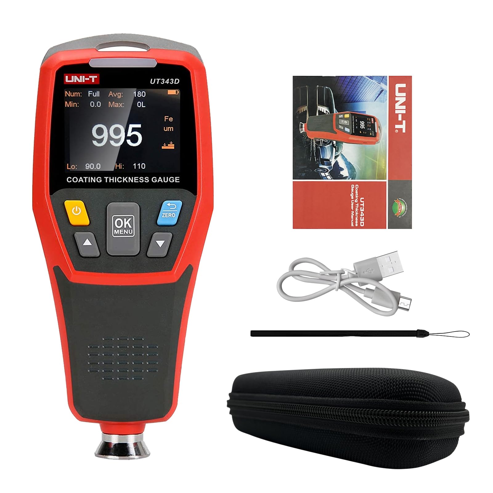 UT343D Upgraded Paint Thickness Gauge - Digital Coating Film Meter with Auto-Rotating Display & Visual Go/No-Go Indicator for Automotive Paint Correction, Precious Metal Testing | Perfect for Car Detailing, Jewelry Appraisal & Industrial Coating Inspection