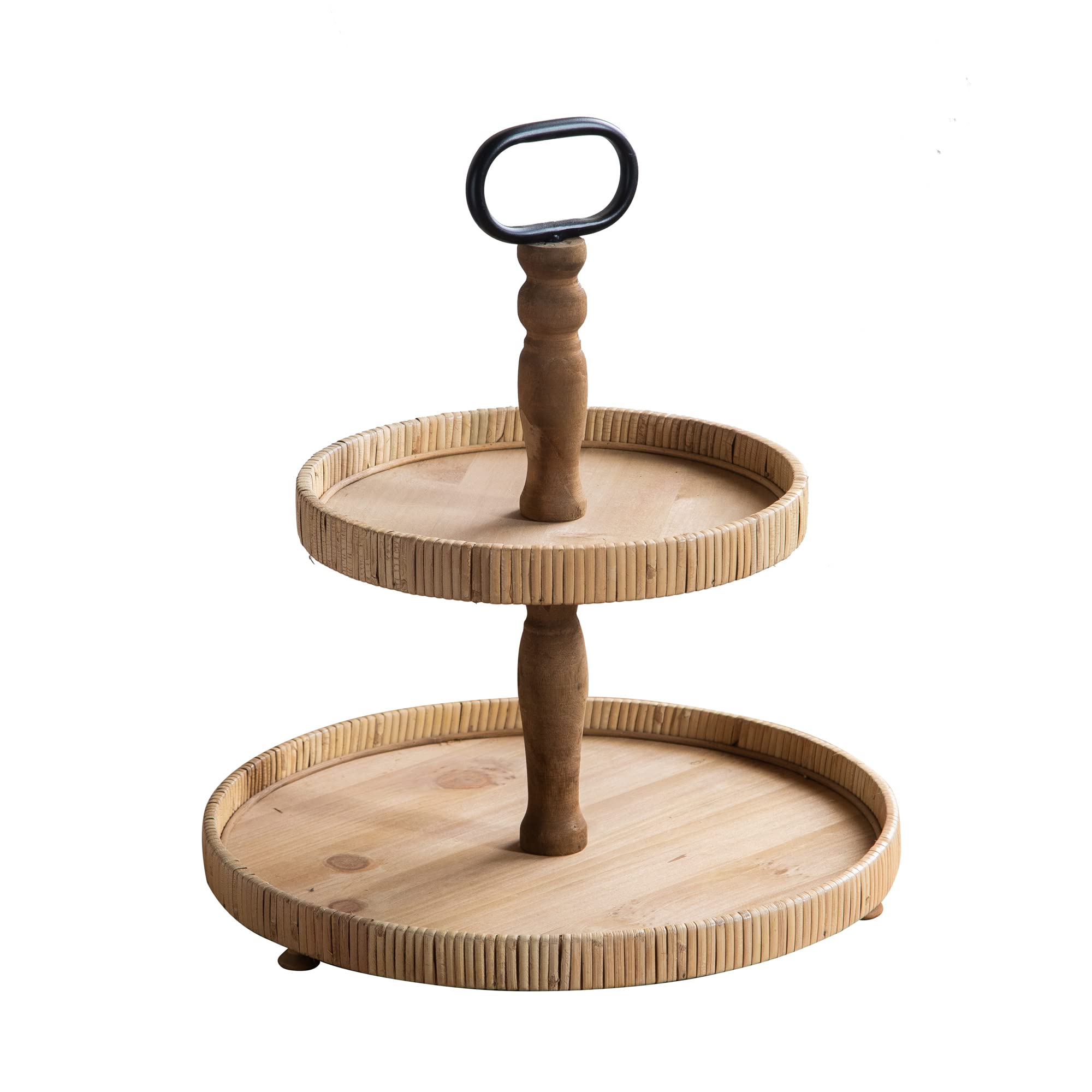 2-Tier Rustic Farmhouse Serving Tray with Metal Handles - Round Wooden Tiered Display Stand for Desserts, Fruits, Snacks, Nuts | Perfect for Kitchen Counter, Dining Table, Coffee Bar & Party Decor (Light Brown)