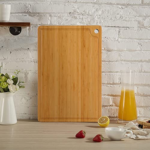 Premium Bamboo Cutting Board 14x11 Inches with Juice Groove - Heavy Duty Butcher Block for Meat, Cheese & Vegetables - Non-Slip Easy Grip with Hanging Hole - Perfect for Kitchen Prep, BBQ & Holiday Cooking