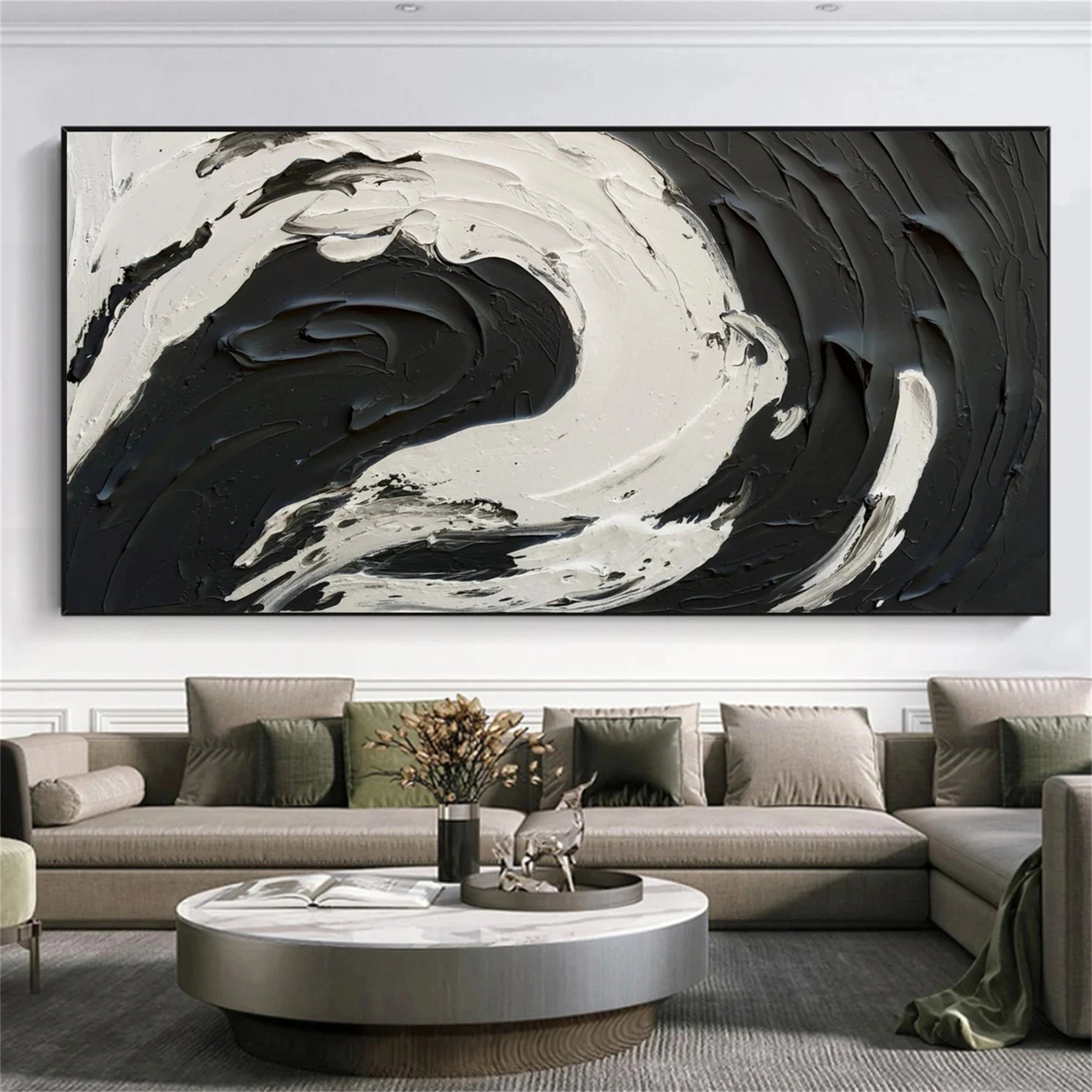 Black and White Textured Minimalist Wall Art Print - Modern Abstract Canvas Painting for Living Room, Bedroom & Office Decor #MZ052