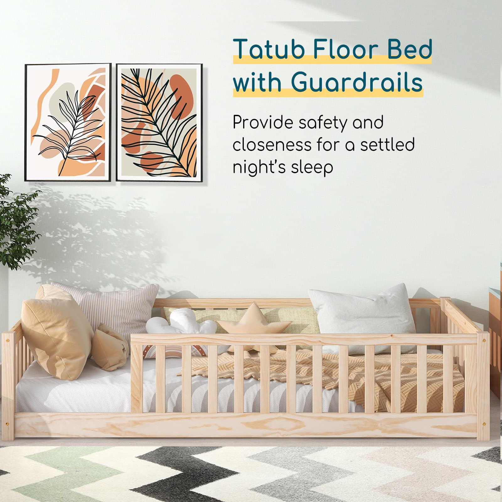 **Montessori Twin Floor Bed with Safety Guardrails & Slats - Kids Wood Bed Frame for Boys & Girls - Low Profile Toddler Bed for Safe Sleep & Play - Perfect for Montessori Rooms, Daycare, or Nursery**