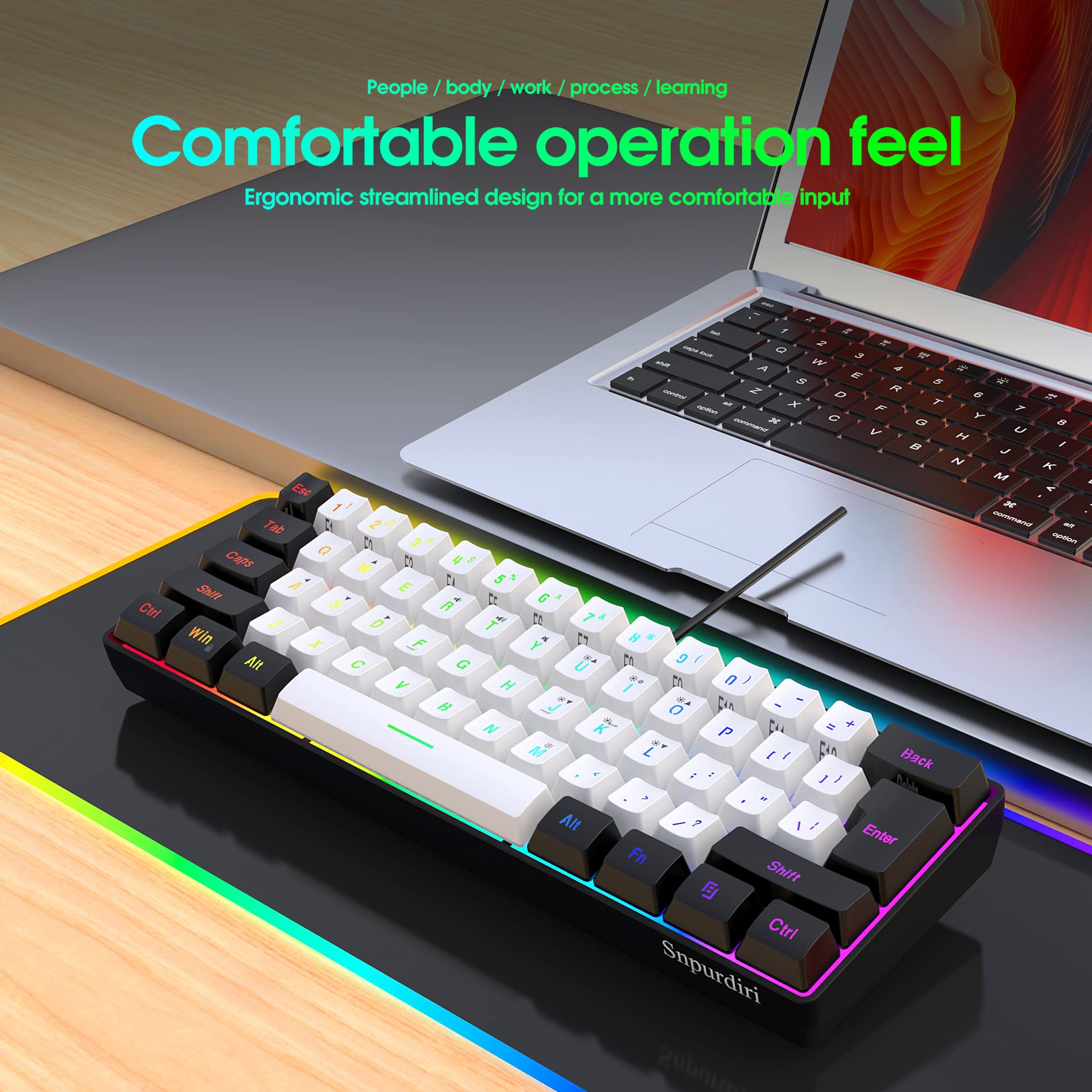 SNPURDIRI 60% Wired Mechanical Gaming Keyboard - 61 Key RGB Backlit Ultra-Compact Keyboard for PC & Mac Gamers, Typists & Office Work | Portable Travel Keyboard for Business Trips & Small Spaces (Black-White) | Perfect for Esports, Coding & Home Office Setup