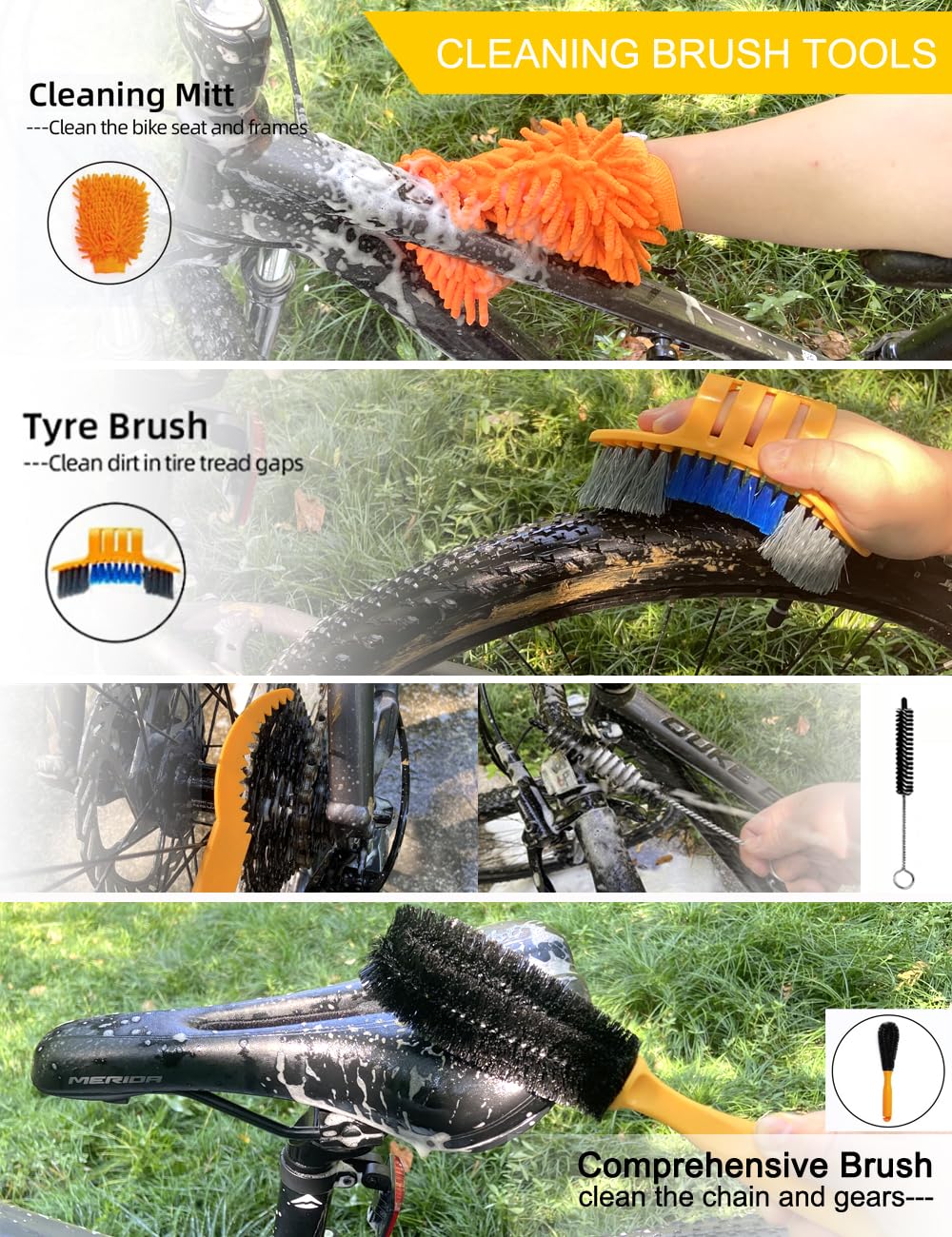 Premium Bike Cleaning Kit - Complete Set to Clean, Protect & Lubricate Bicycles | Includes Chain Scrubber, Cleaning Brushes, 19oz Bike Cleaner, 10oz Degreaser & 2oz Wet Lube | Ideal for Road Bikes, Mountain Bikes & Commuter Bikes Maintenance