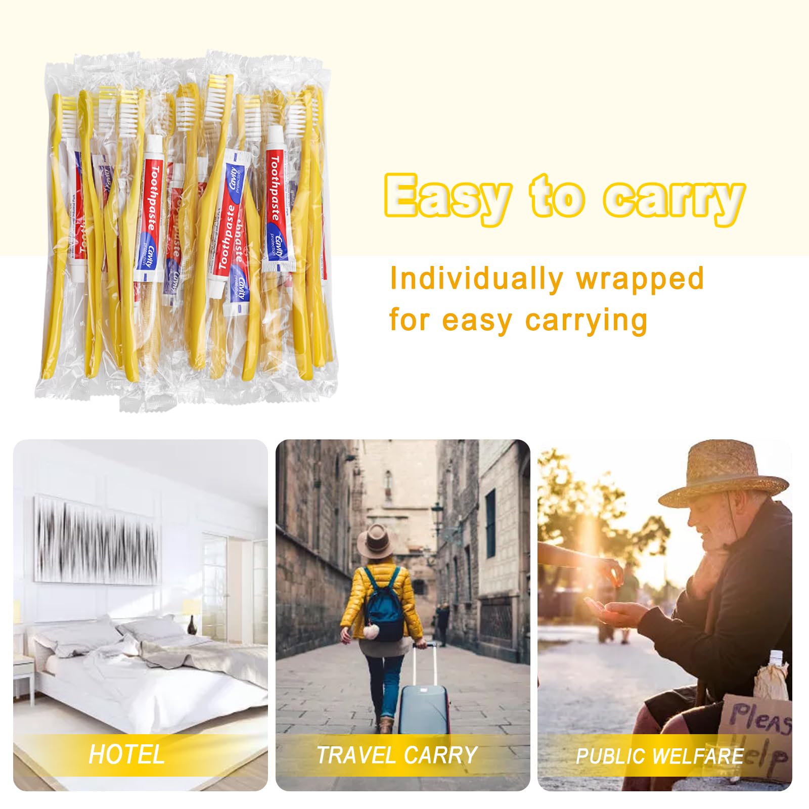 200 Pack Disposable Toothbrush with Toothpaste - Individually Wrapped Travel Toothbrush Kit (10g Toothpaste, Yellow Hollow Design) for Travel, Hotels, Airbnb, Homeless Shelters & Charity Donations - Perfect for On-the-Go Oral Care