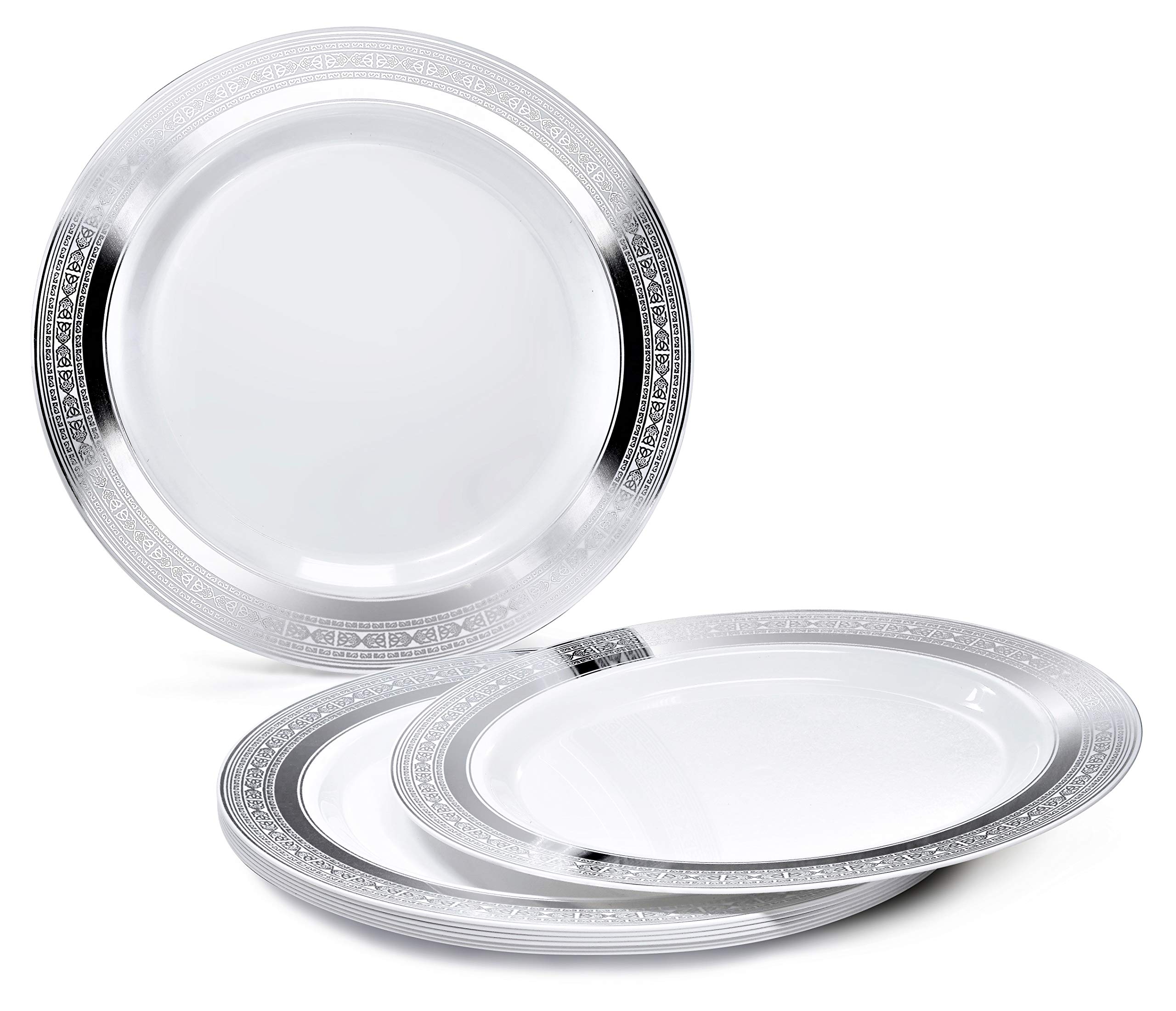840-Piece Heavyweight Disposable Plastic Plate Set for Weddings & Parties - Includes 120 x 10.5'' Plates, 120 x 6.25'' Plates, Silverware, Cups & Napkins (White & Silver) - Perfect for Large Gatherings, Bridal Showers & Banquets