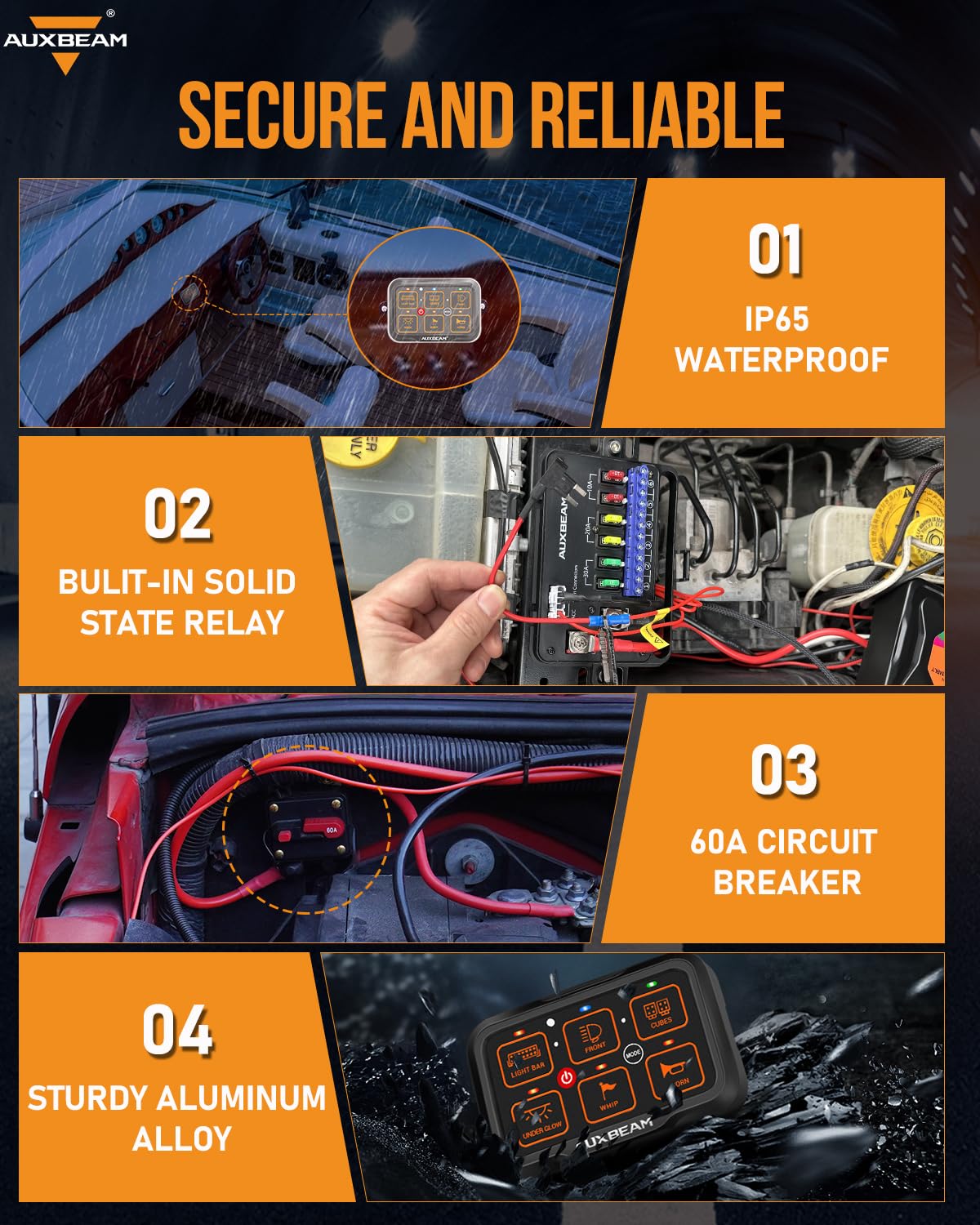 Auxbeam 6 Gang Switch Panel Bluetooth RGB AR-600 - Waterproof Toggle & Momentary Pulsed Modes - Multifunctional Manual/Automatic Backlit Control for Truck, Car, ATV & Boat - Perfect for Off-Roading, Marine & Custom Vehicle Lighting Upgrades